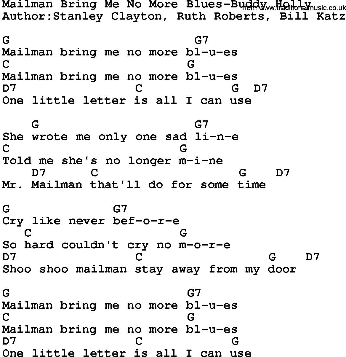 Country music song: Mailman Bring Me No More Blues-Buddy Holly lyrics and chords