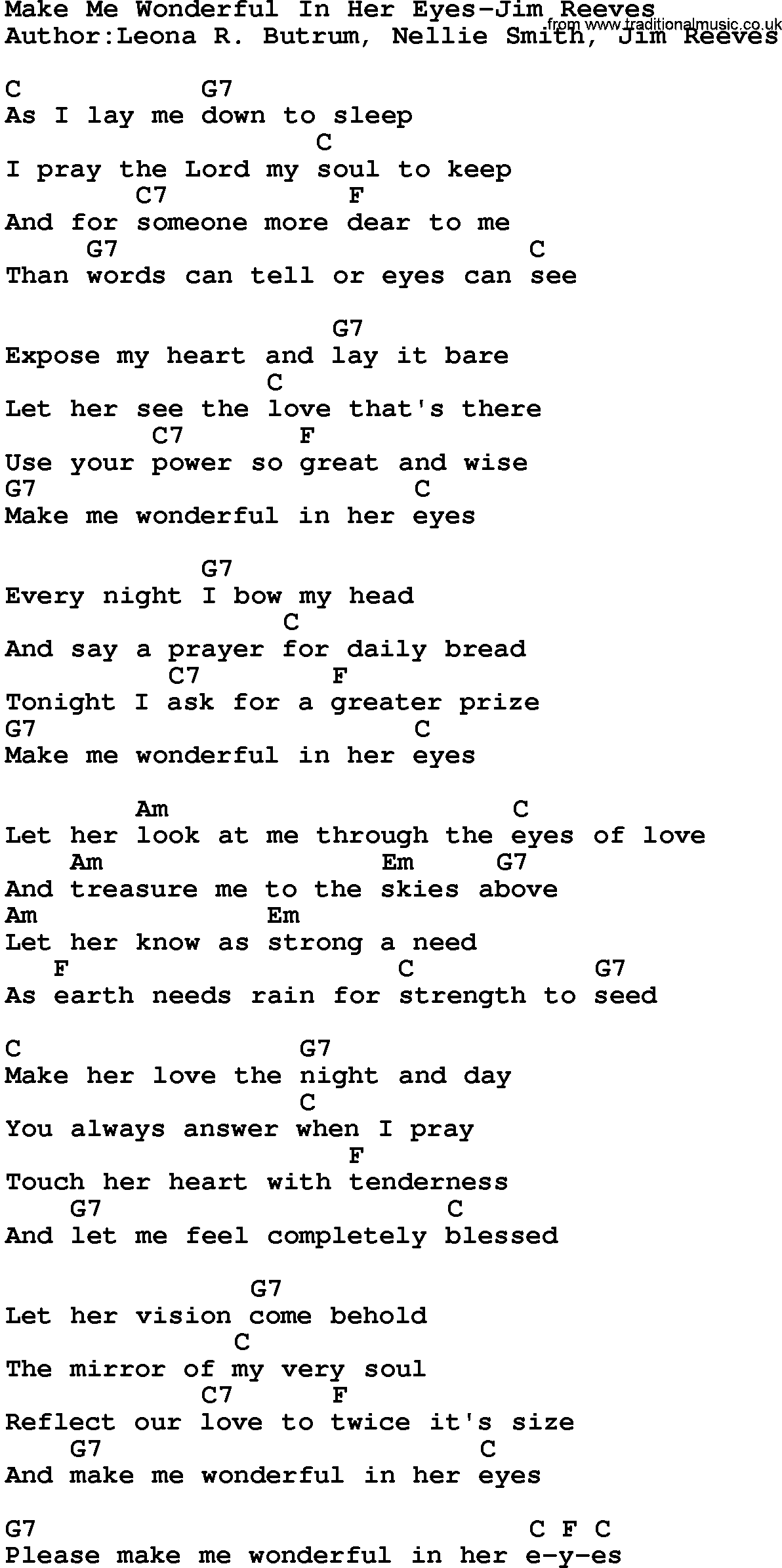 Country music song: Make Me Wonderful In Her Eyes-Jim Reeves lyrics and chords