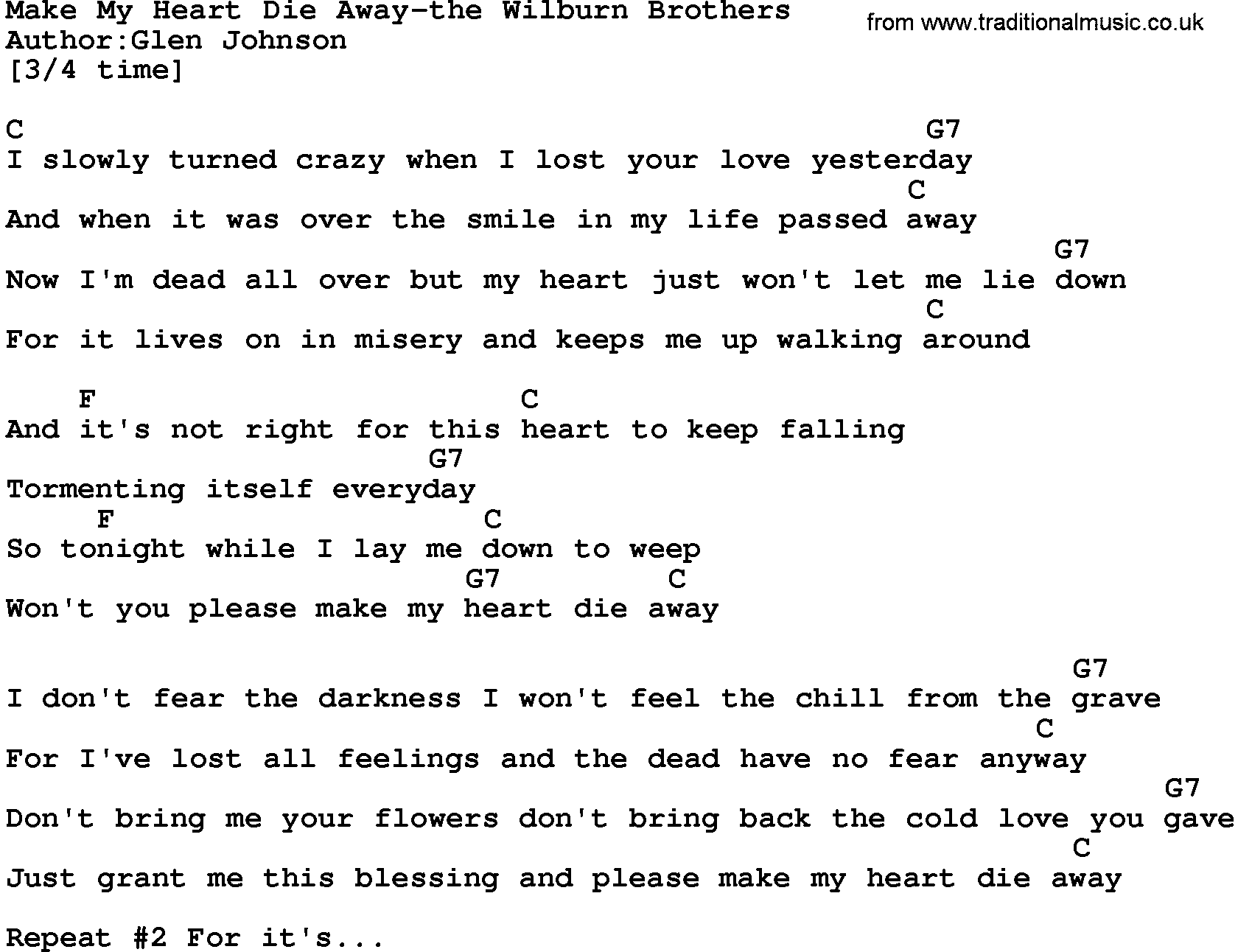 Country music song: Make My Heart Die Away-The Wilburn Brothers lyrics and chords
