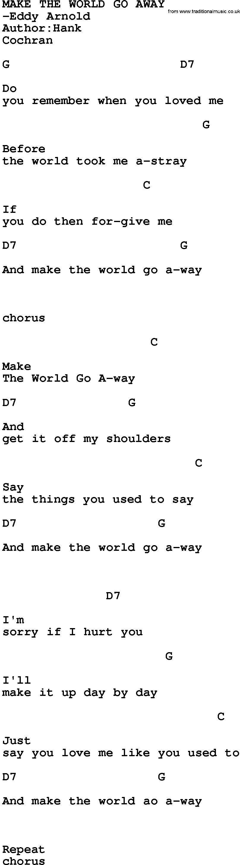Country music song: Make The World Go Away lyrics and chords