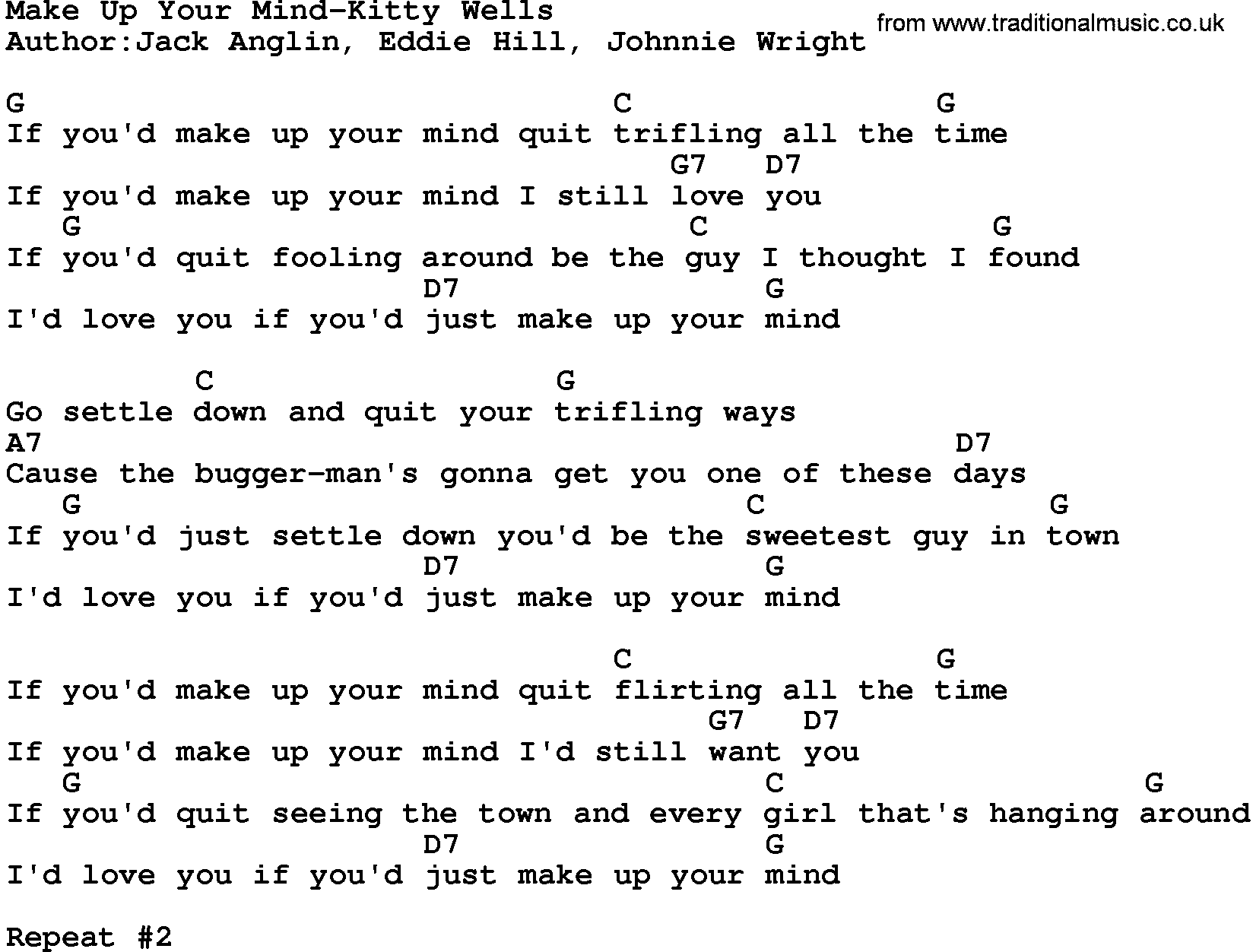 Country music song: Make Up Your Mind-Kitty Wells lyrics and chords