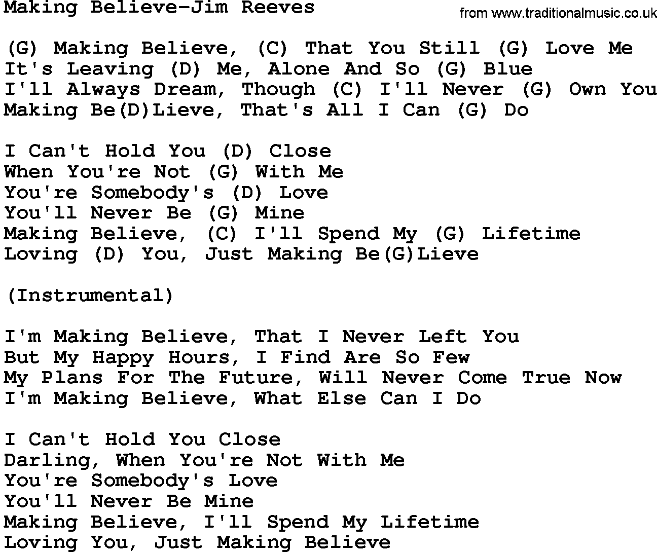Country music song: Making Believe-Jim Reeves lyrics and chords