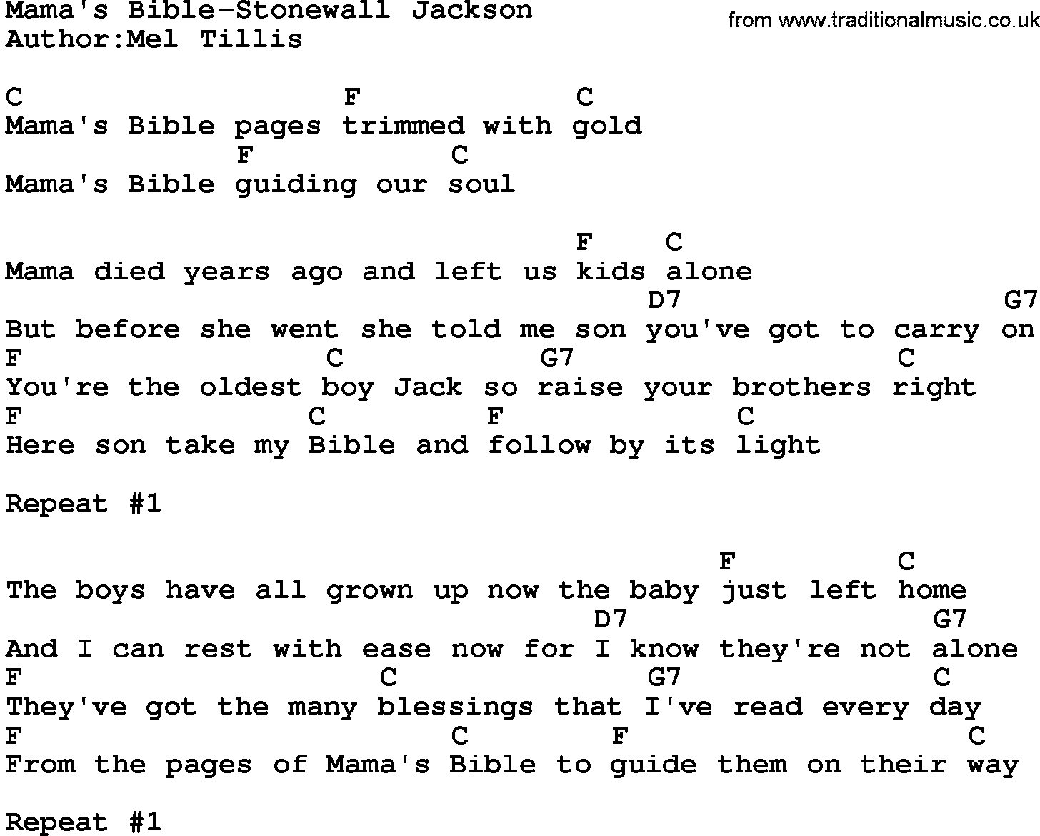 Country music song: Mama's Bible-Stonewall Jackson lyrics and chords