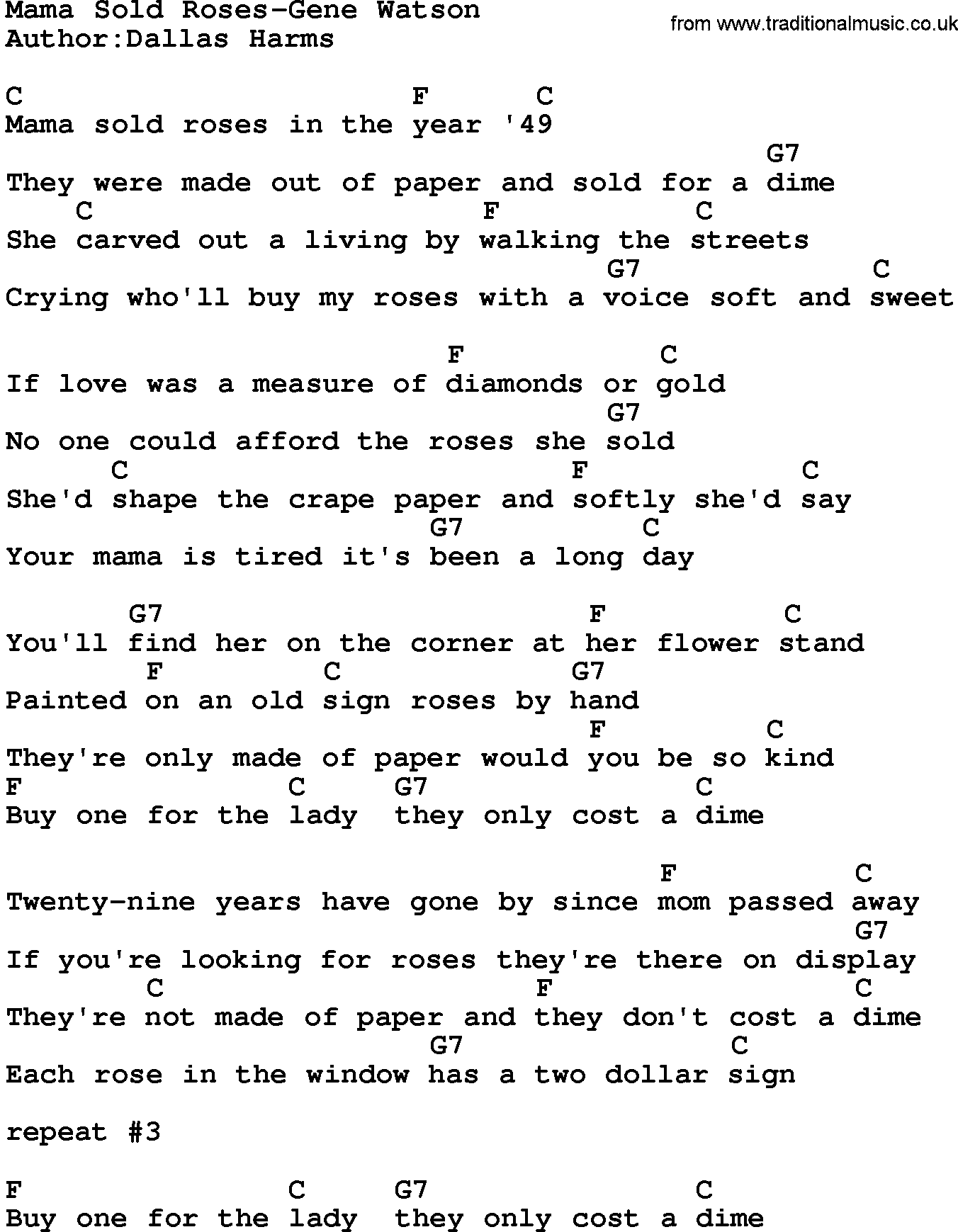 Country music song: Mama Sold Roses-Gene Watson lyrics and chords