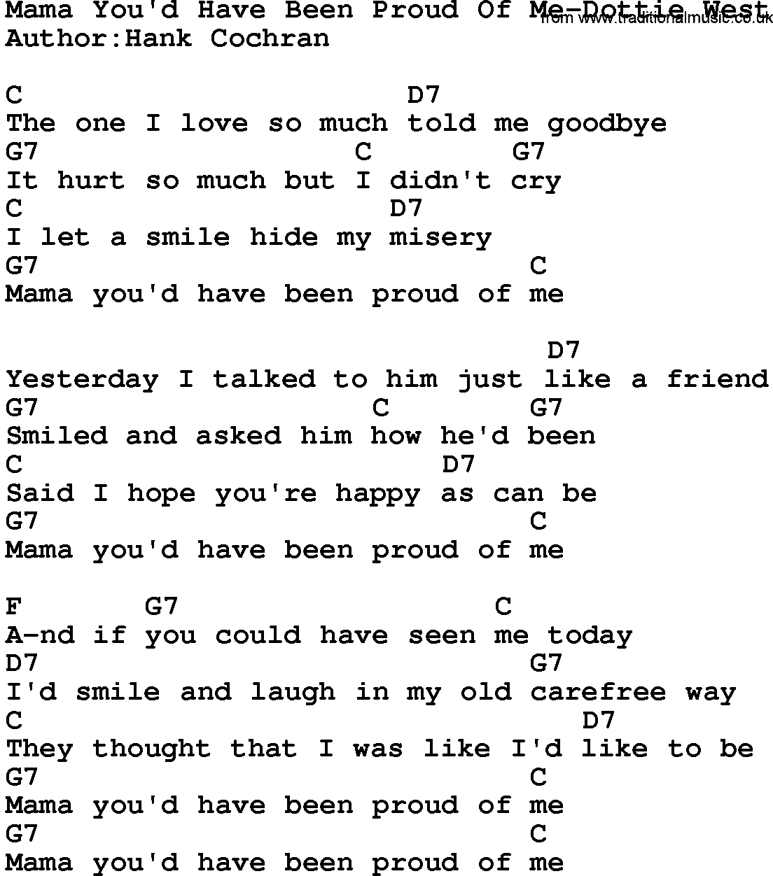 Country music song: Mama You'd Have Been Proud Of Me-Dottie West lyrics and chords