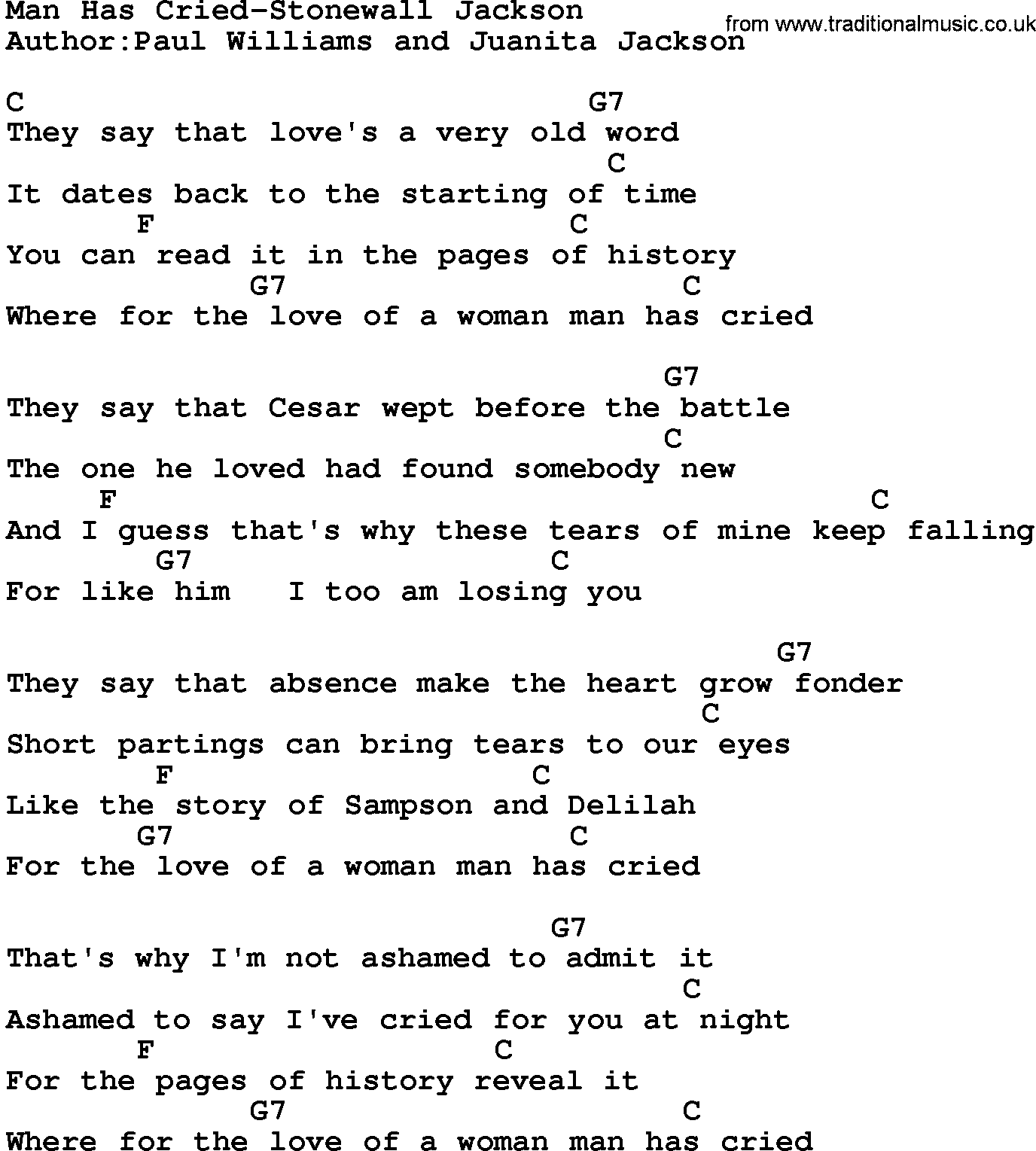 Country music song: Man Has Cried-Stonewall Jackson lyrics and chords