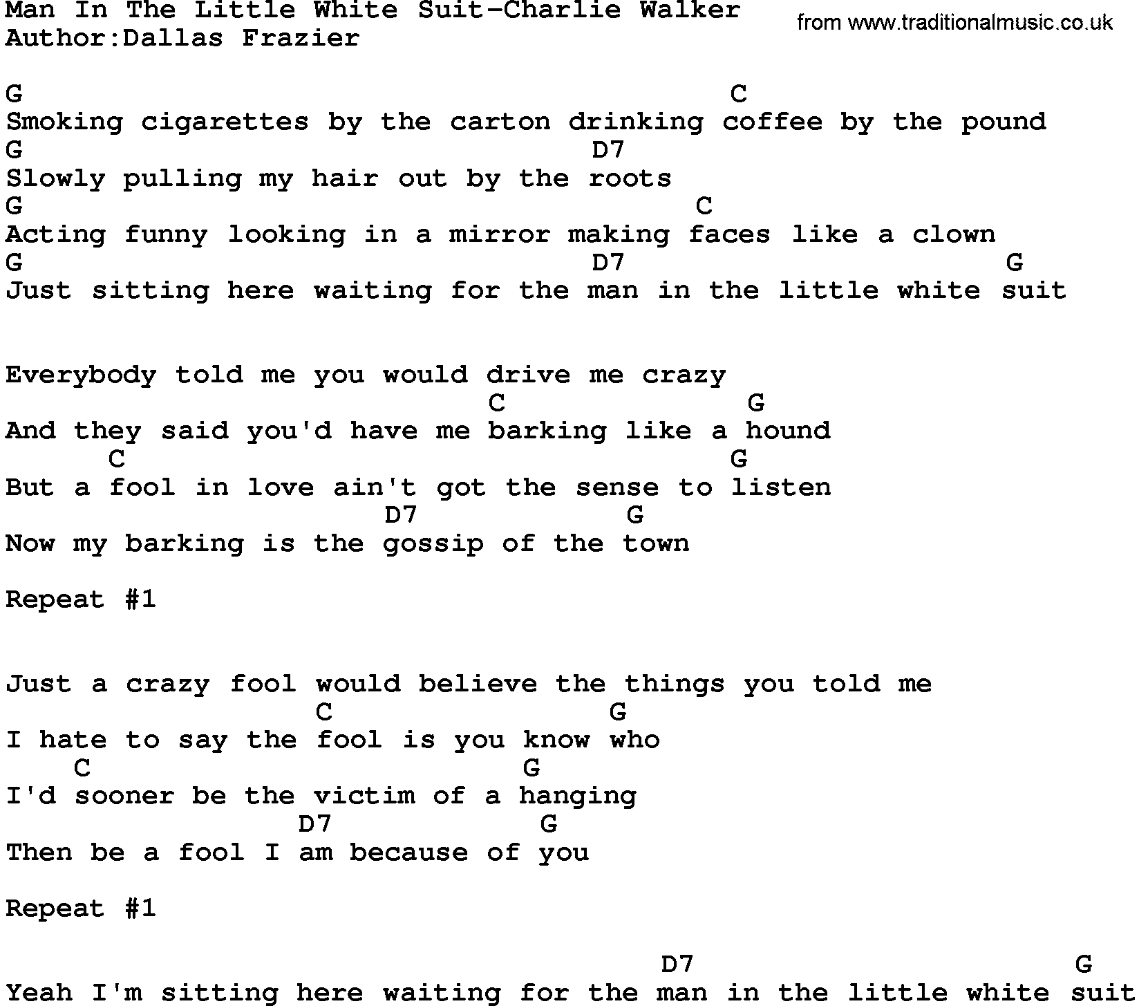 Country music song: Man In The Little White Suit-Charlie Walker lyrics and chords