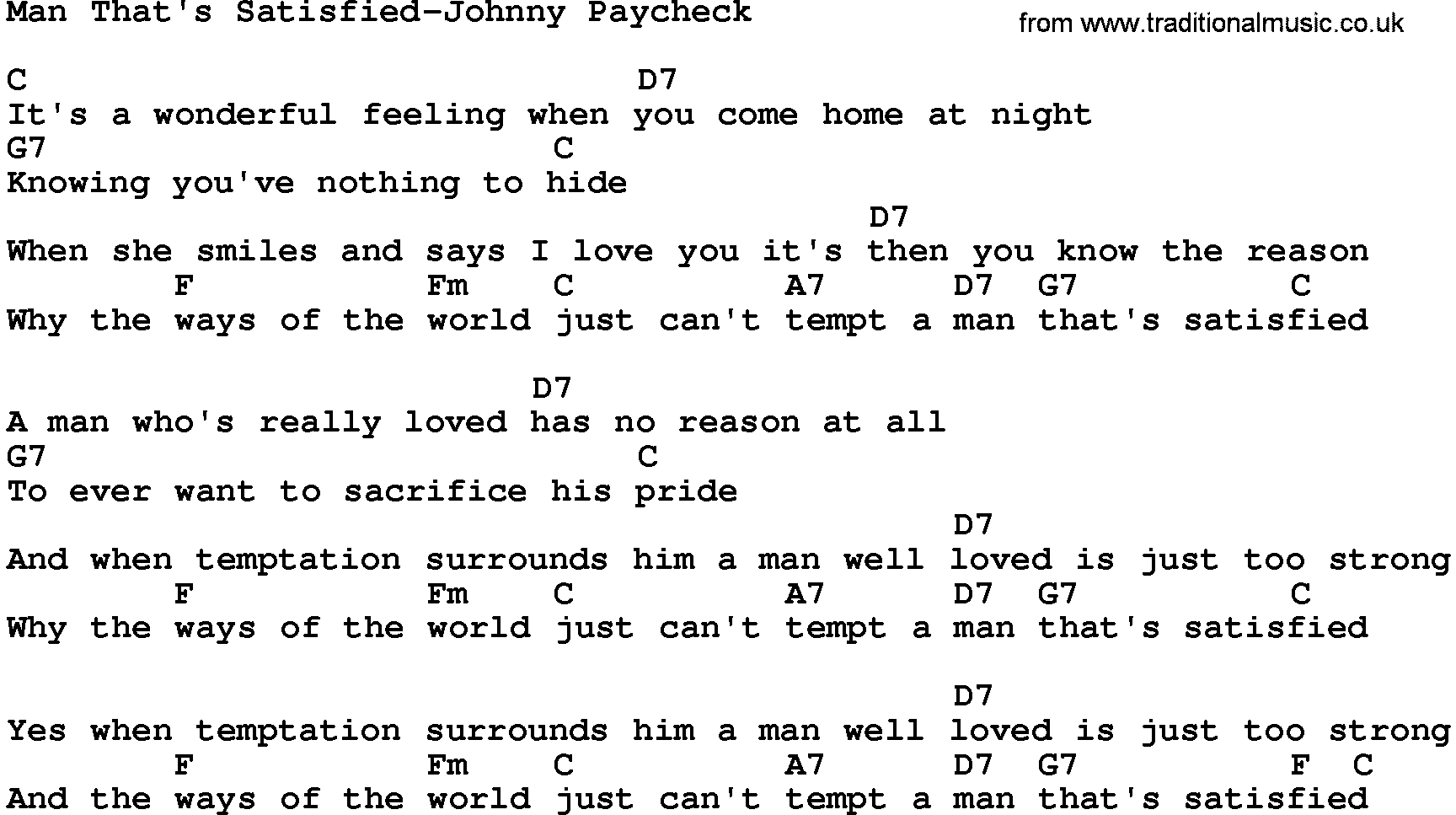 Country music song: Man That's Satisfied-Johnny Paycheck lyrics and chords