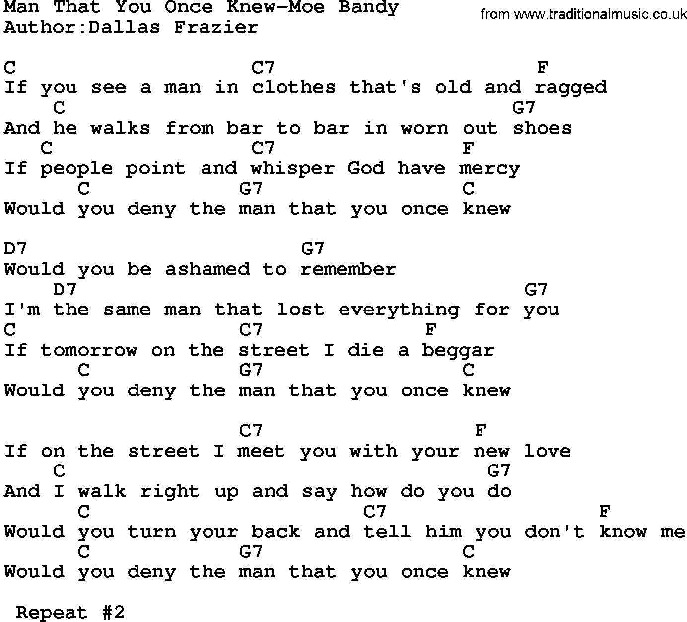 Country music song: Man That You Once Knew-Moe Bandy lyrics and chords
