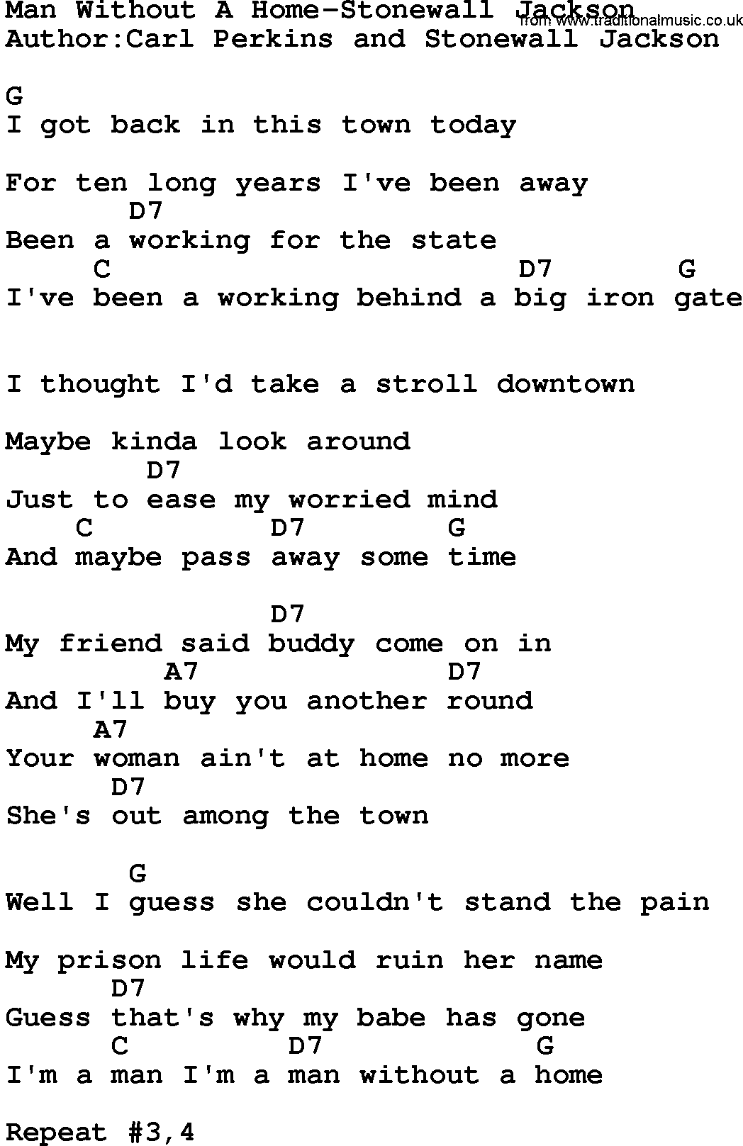 Country music song: Man Without A Home-Stonewall Jackson lyrics and chords