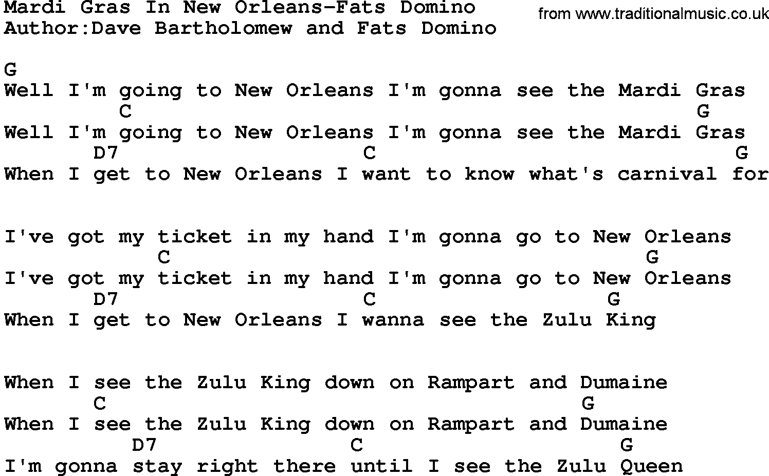Country music song: Mardi Gras In New Orleans-Fats Domino lyrics and chords