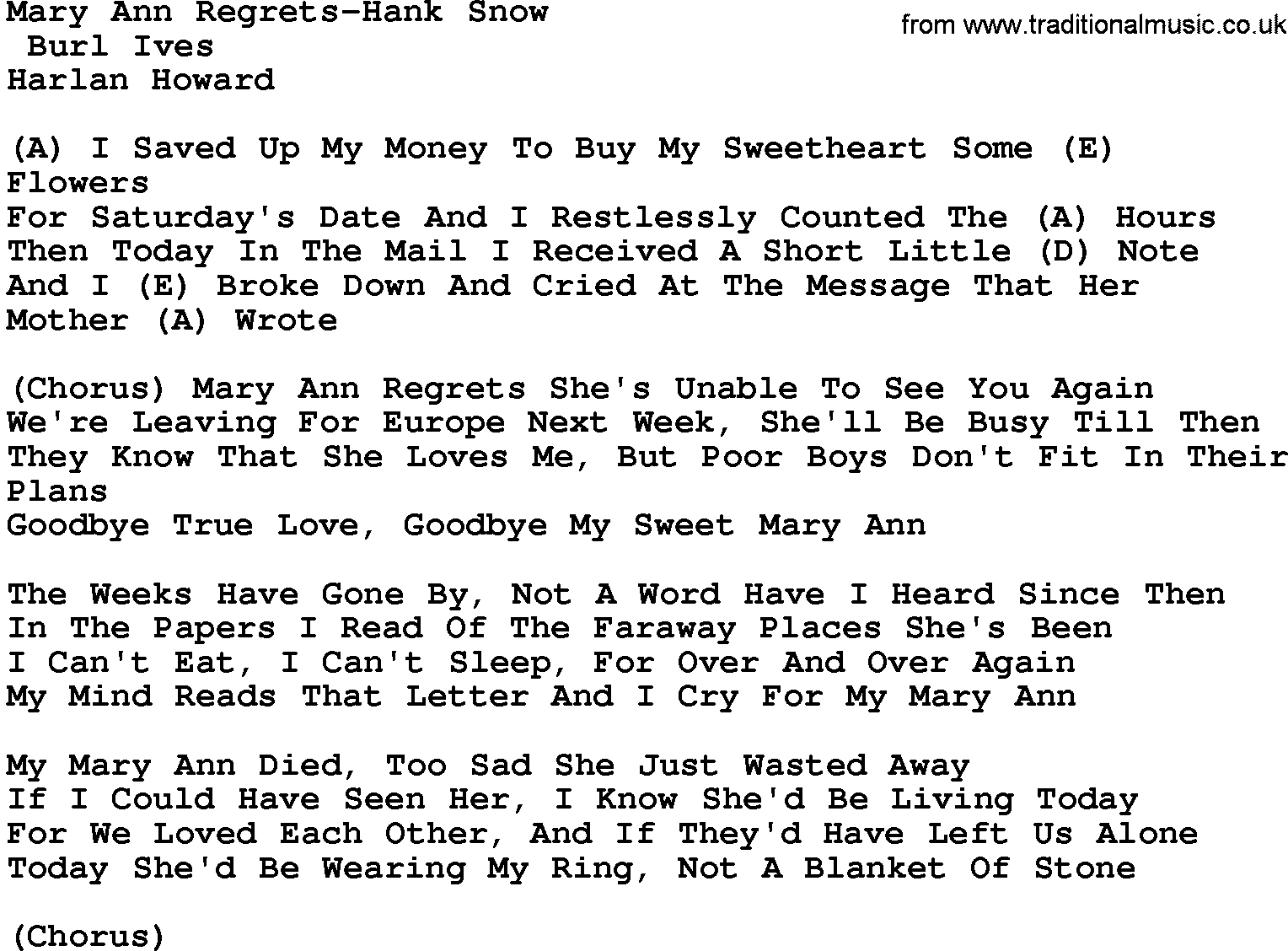 Country music song: Mary Ann Regrets-Hank Snow lyrics and chords
