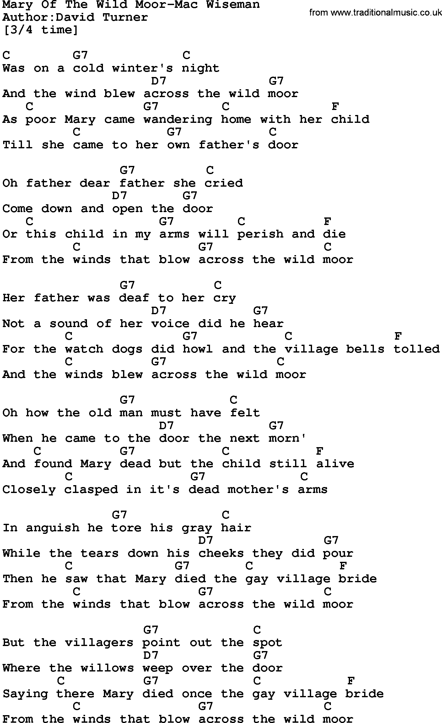 Country music song: Mary Of The Wild Moor-Mac Wiseman lyrics and chords