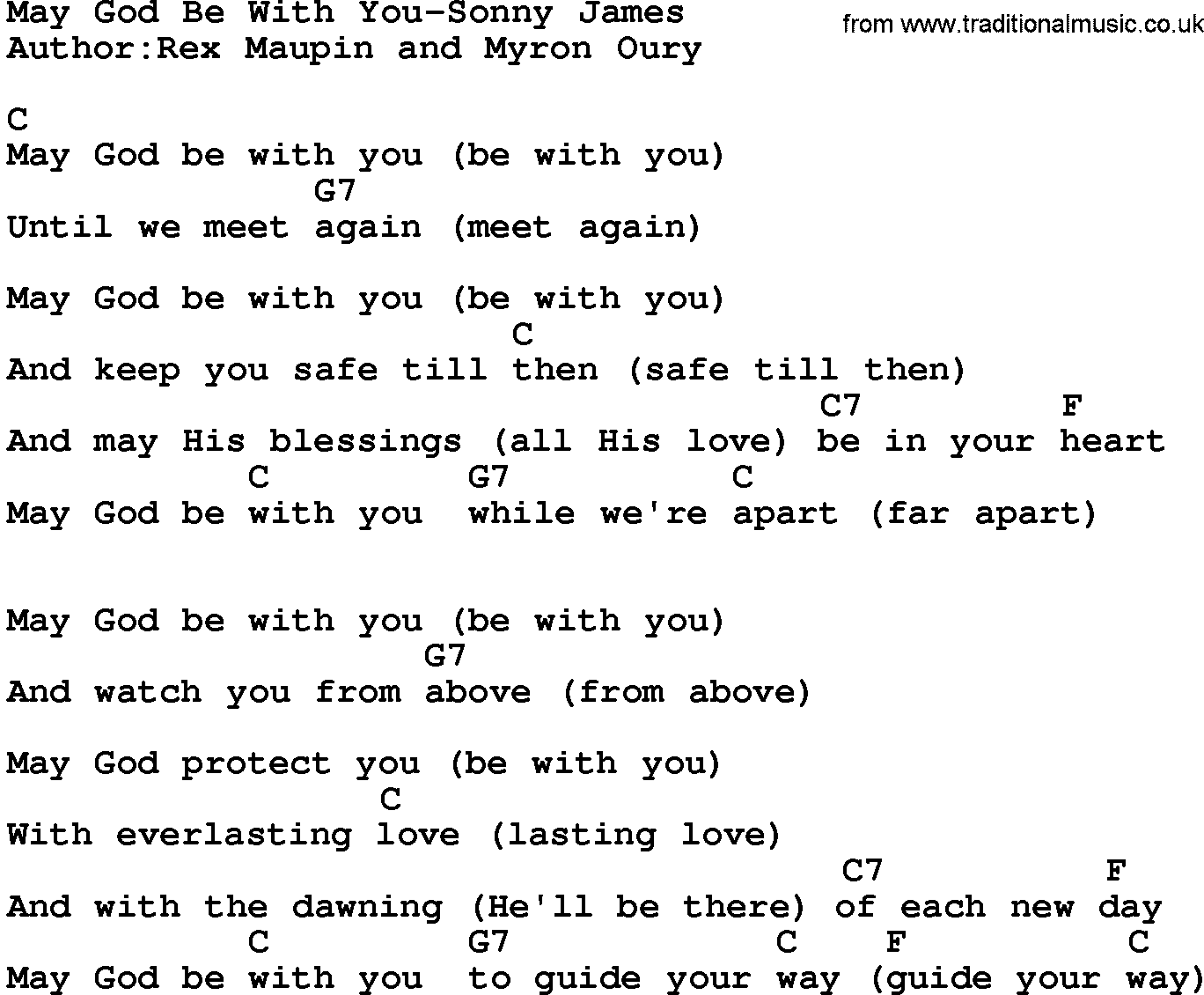 Country music song: May God Be With You-Sonny James lyrics and chords