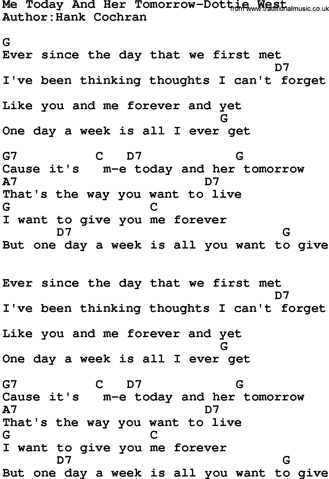 Country music song: Me Today And Her Tomorrow-Dottie West lyrics and chords