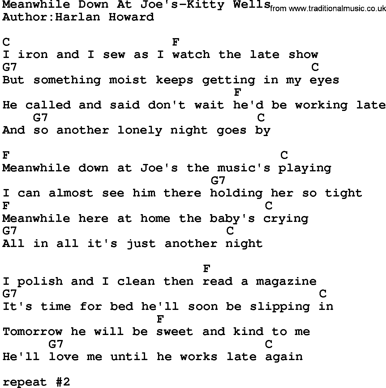 Country music song: Meanwhile Down At Joe's-Kitty Wells lyrics and chords