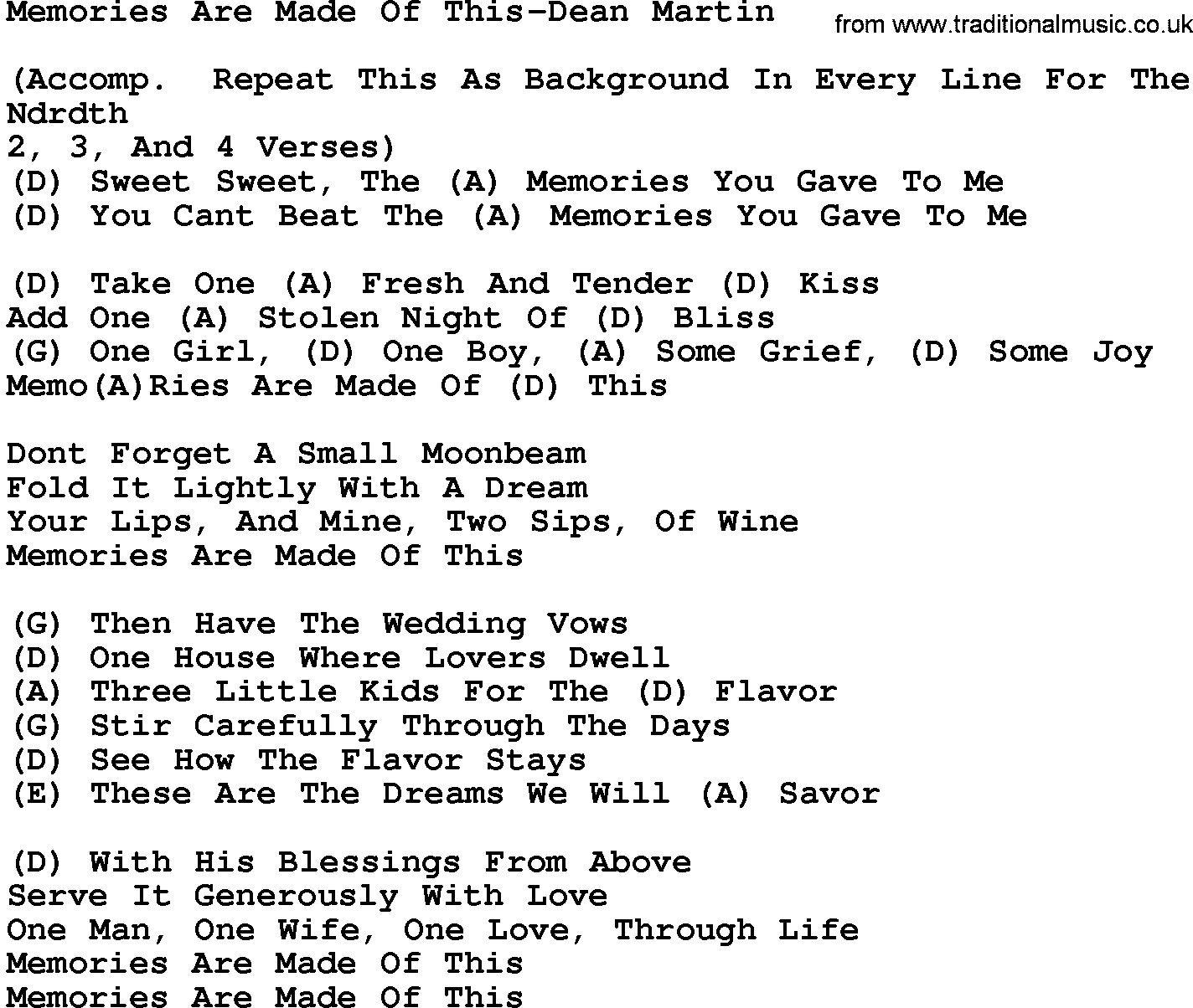 Country music song: Memories Are Made Of This-Dean Martin lyrics and chords