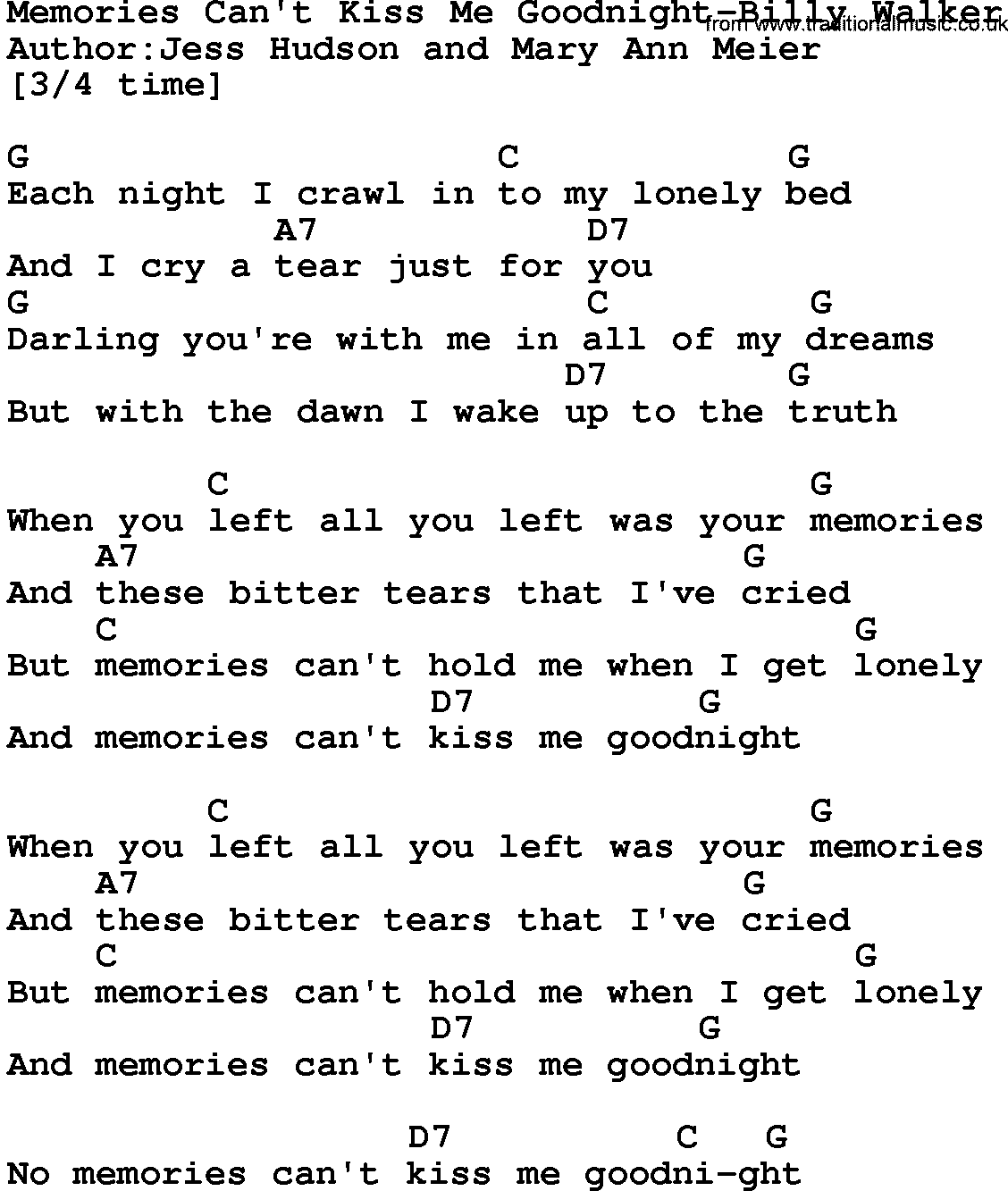 Country music song: Memories Can't Kiss Me Goodnight-Billy Walker lyrics and chords