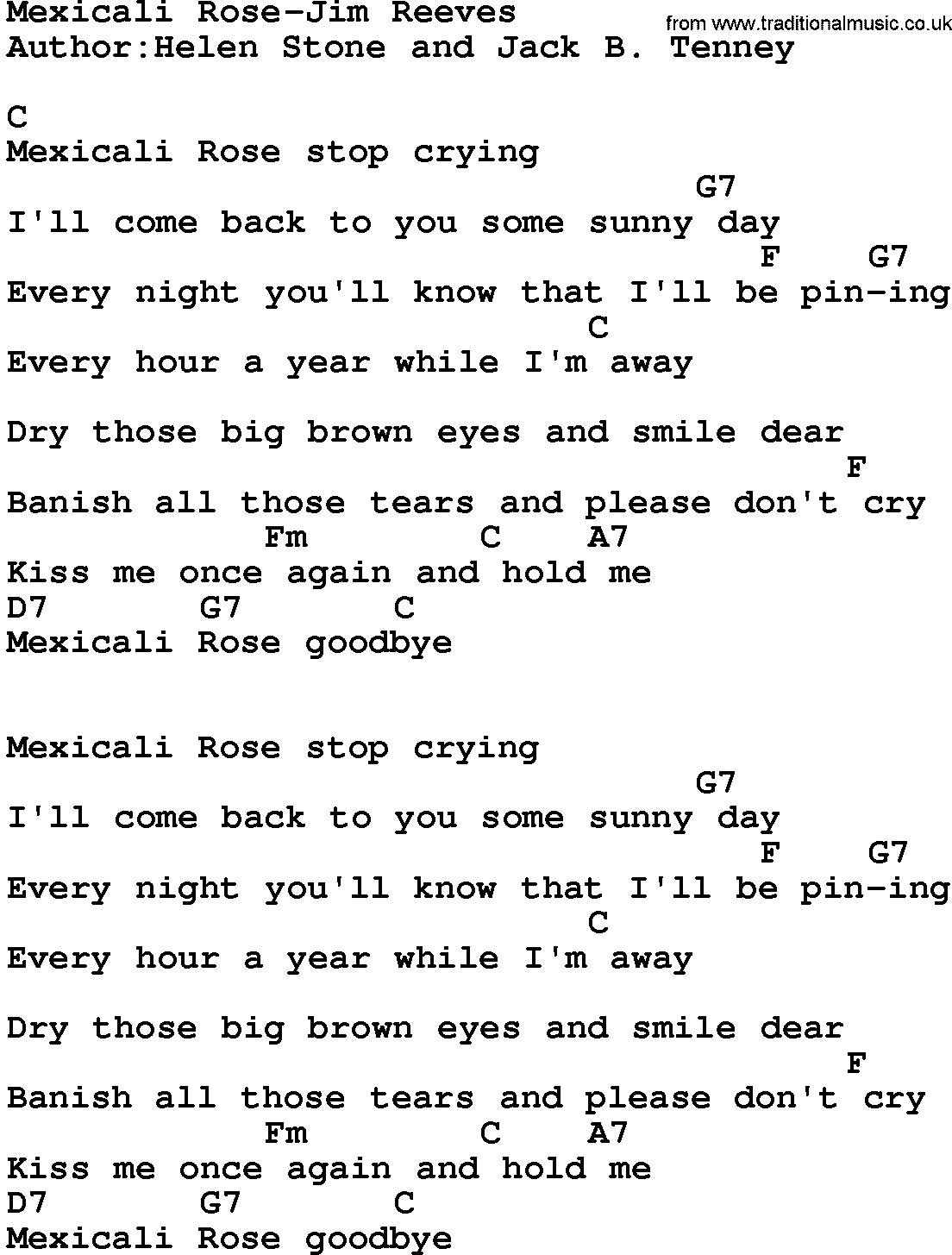 Country music song: Mexicali Rose-Jim Reeves  lyrics and chords