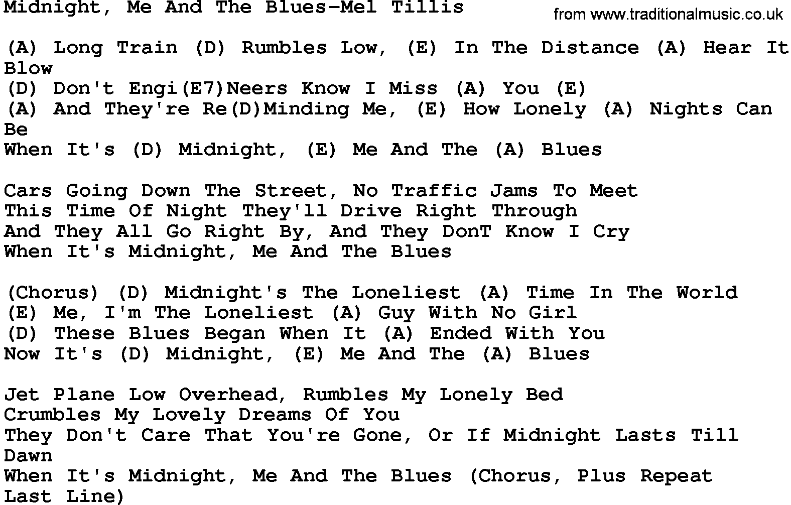 Country music song: Midnight, Me And The Blues-Mel Tillis lyrics and chords