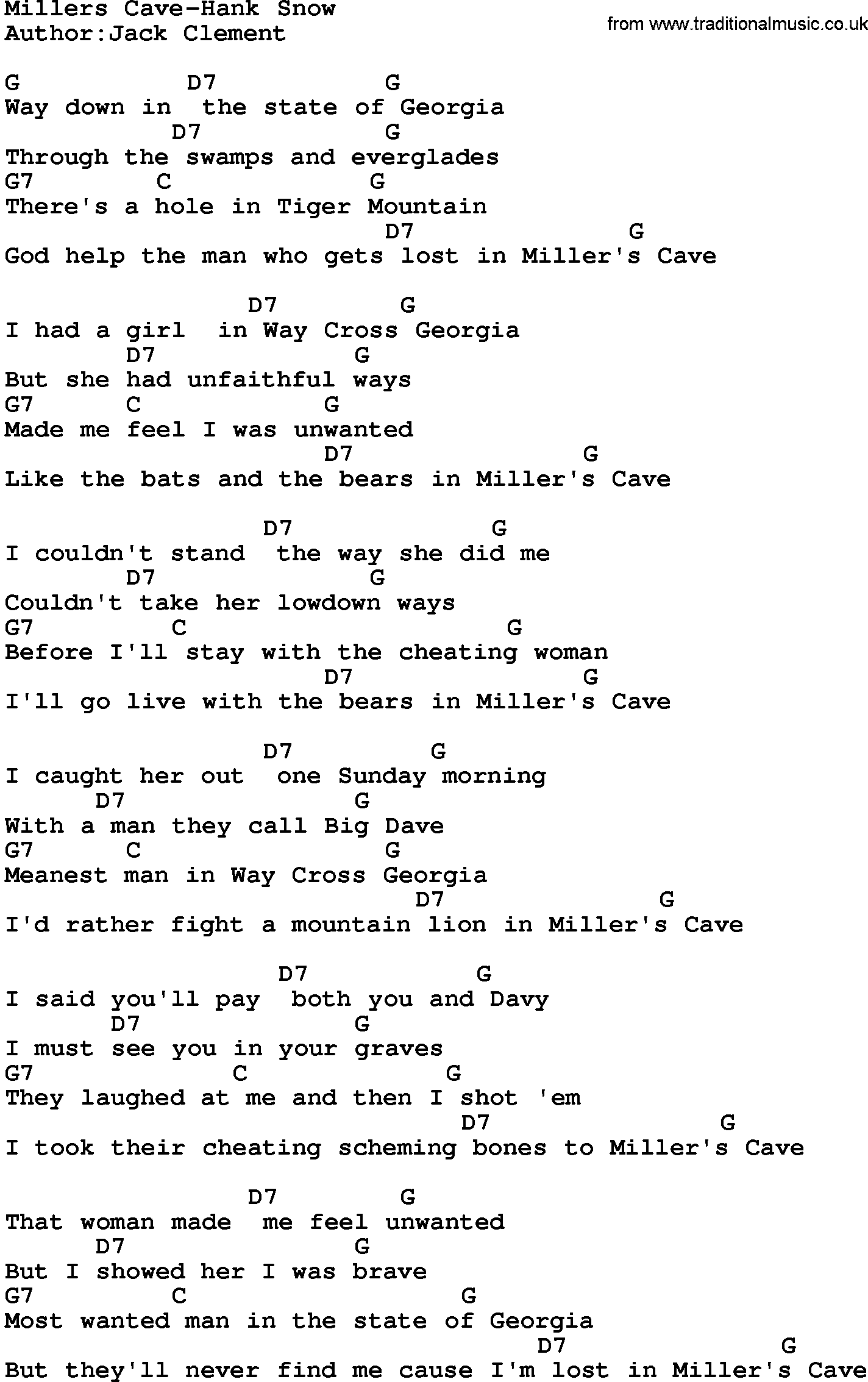 Country music song: Millers Cave-Hank Snow lyrics and chords