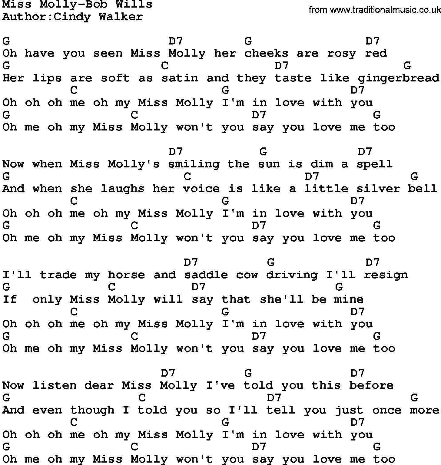 Country music song: Miss Molly-Bob Wills lyrics and chords