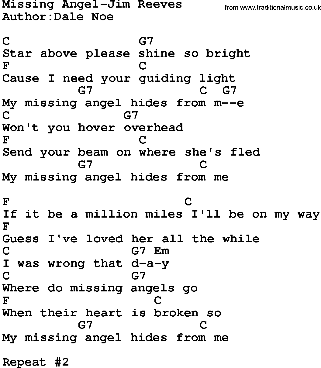 Country music song: Missing Angel-Jim Reeves lyrics and chords