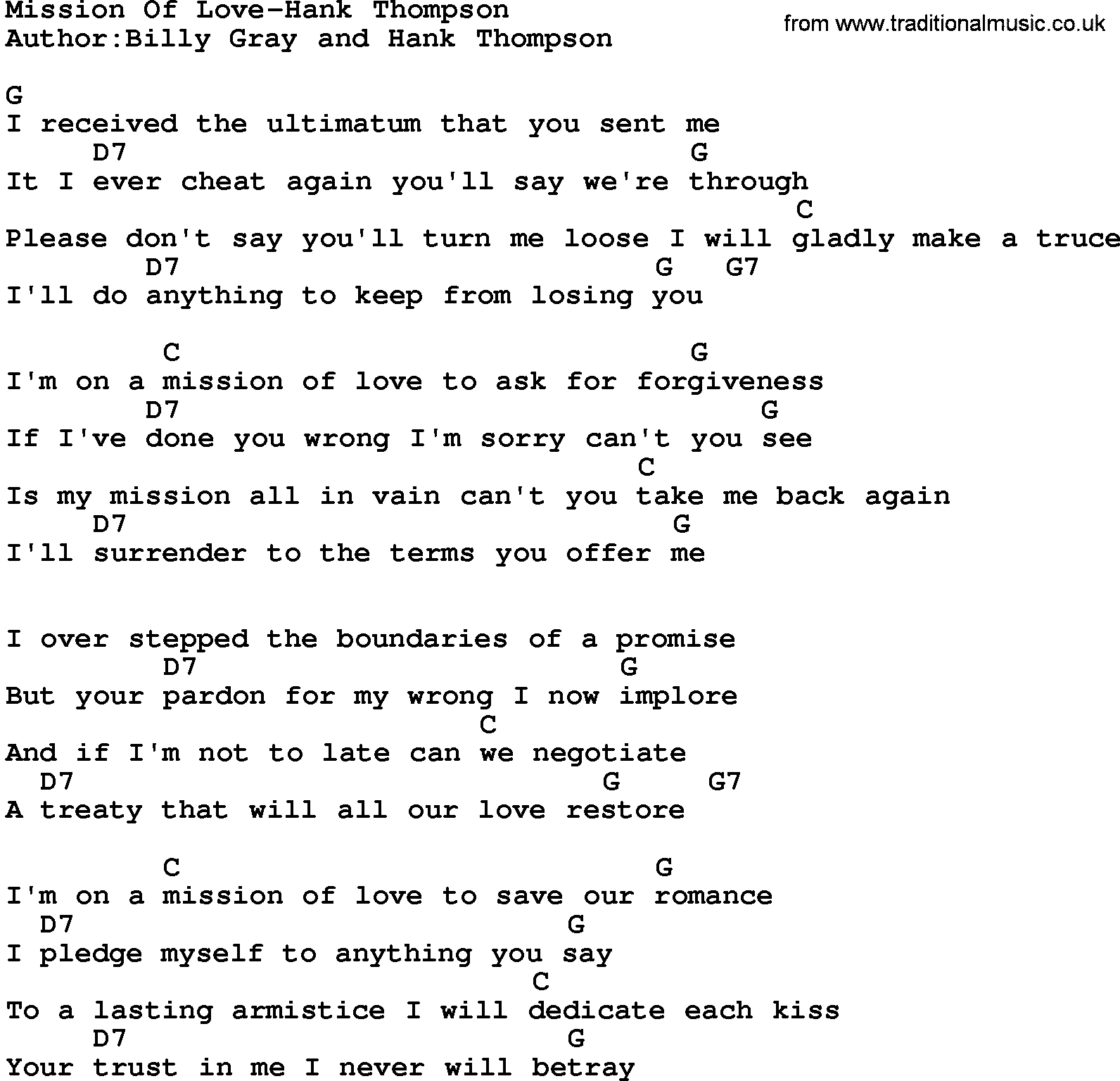 Country music song: Mission Of Love-Hank Thompson lyrics and chords