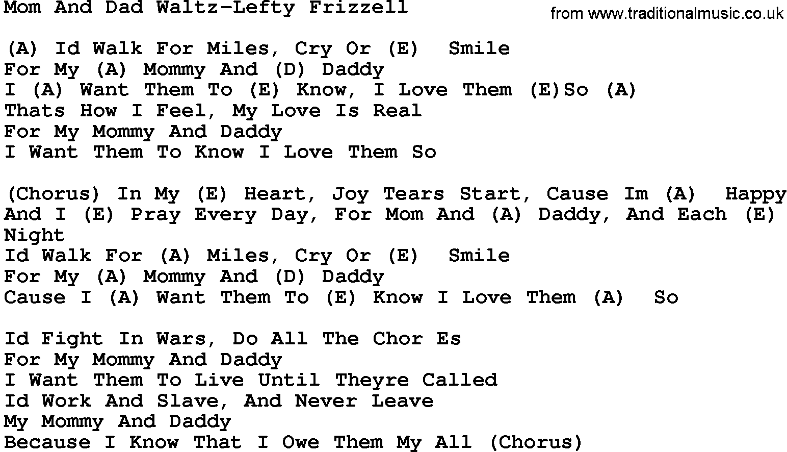Country music song: Mom And Dad Waltz Lefty Frizzel lyrics and chords