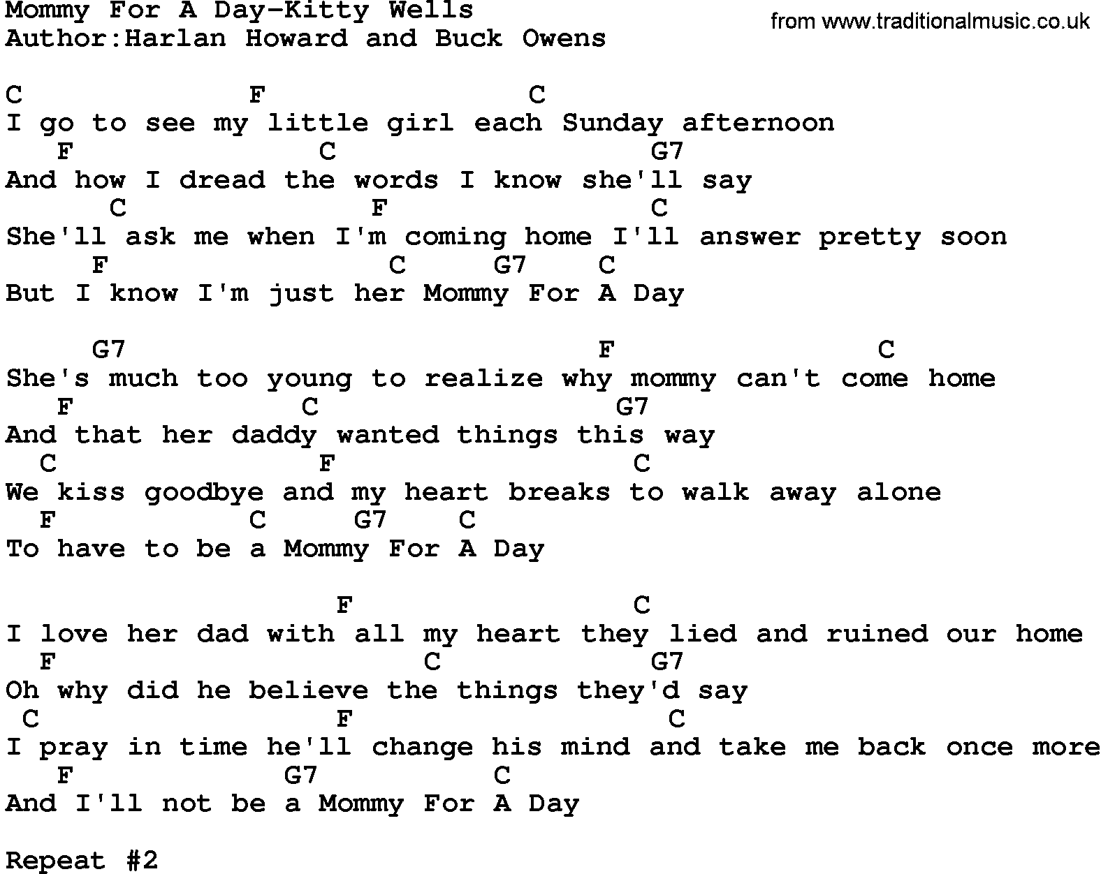 Country music song: Mommy For A Day-Kitty Wells lyrics and chords