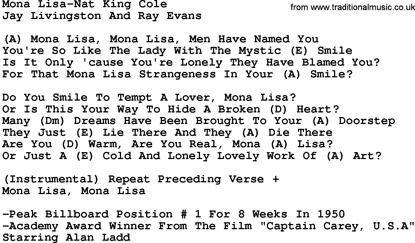 Country Music:Mona Lisa-Nat King Cole Lyrics and Chords1440 x 845