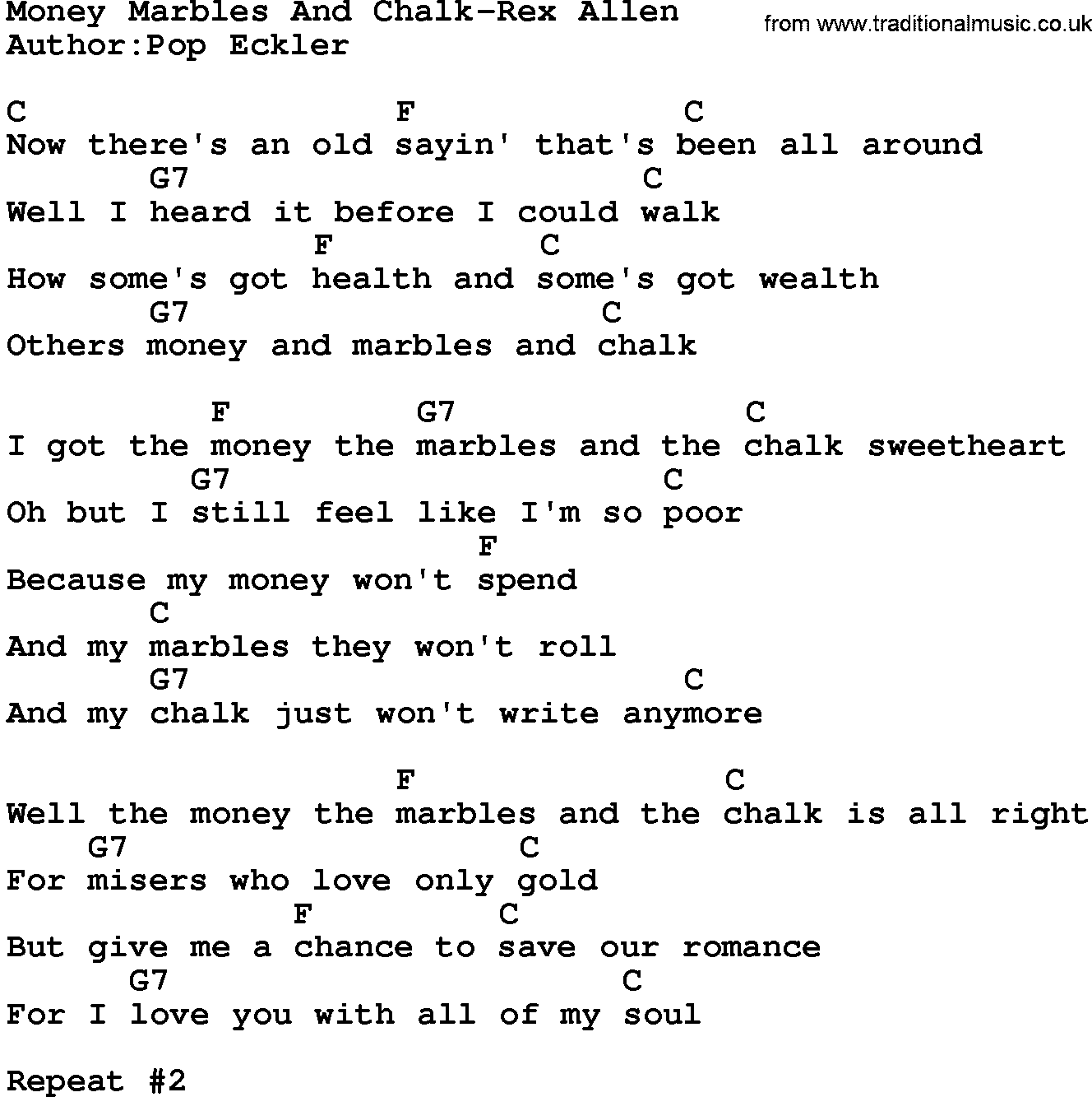 Country music song: Money Marbles And Chalk-Rex Allen lyrics and chords