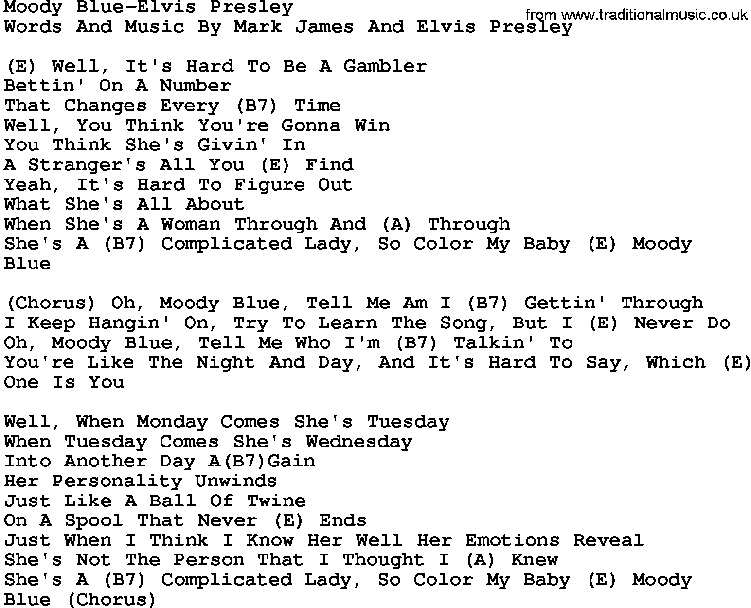 Country music song: Moody Blue-Elvis Presley lyrics and chords