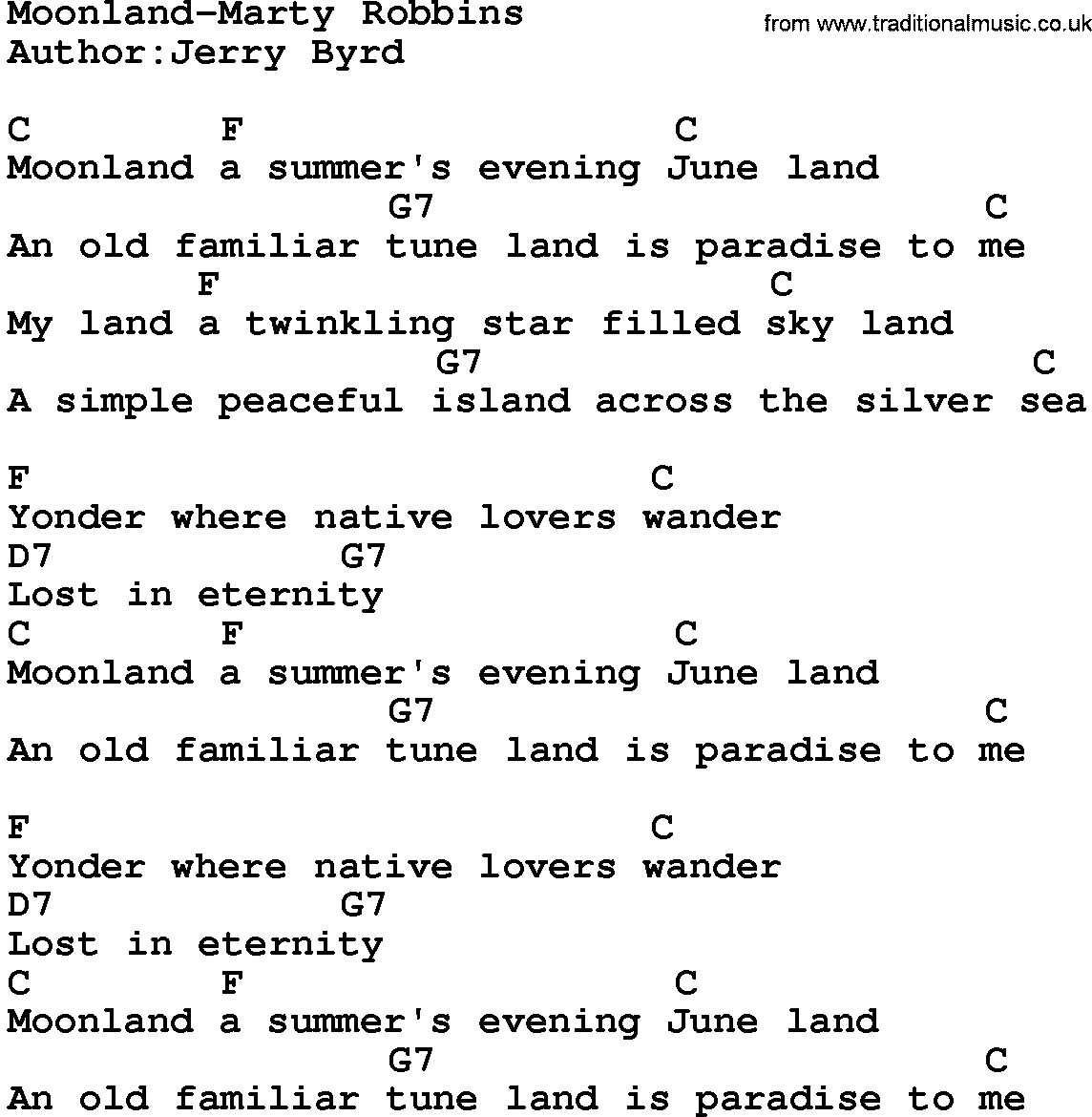 Country music song: Moonland-Marty Robbins lyrics and chords