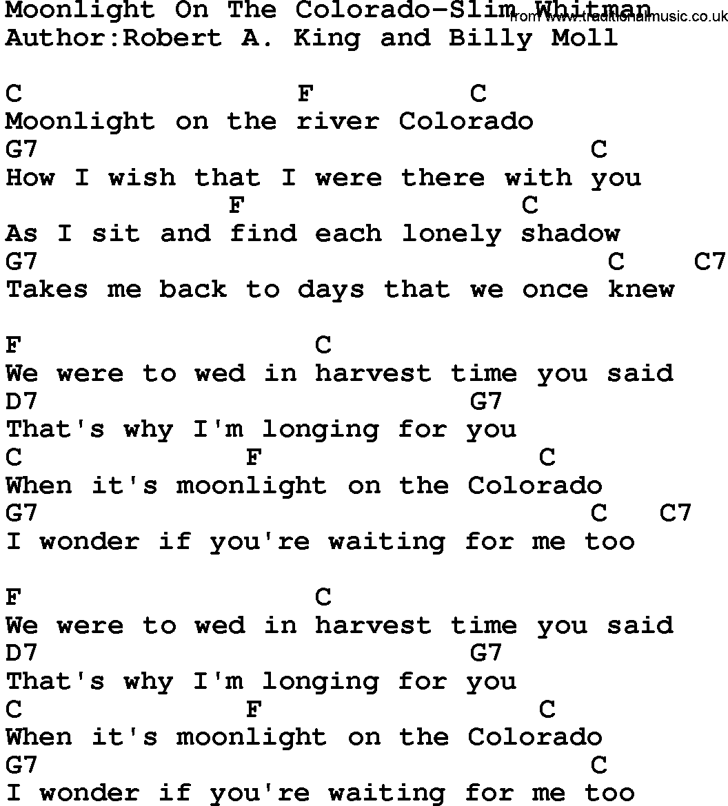 Country music song: Moonlight On The Colorado-Slim Whitman lyrics and chords