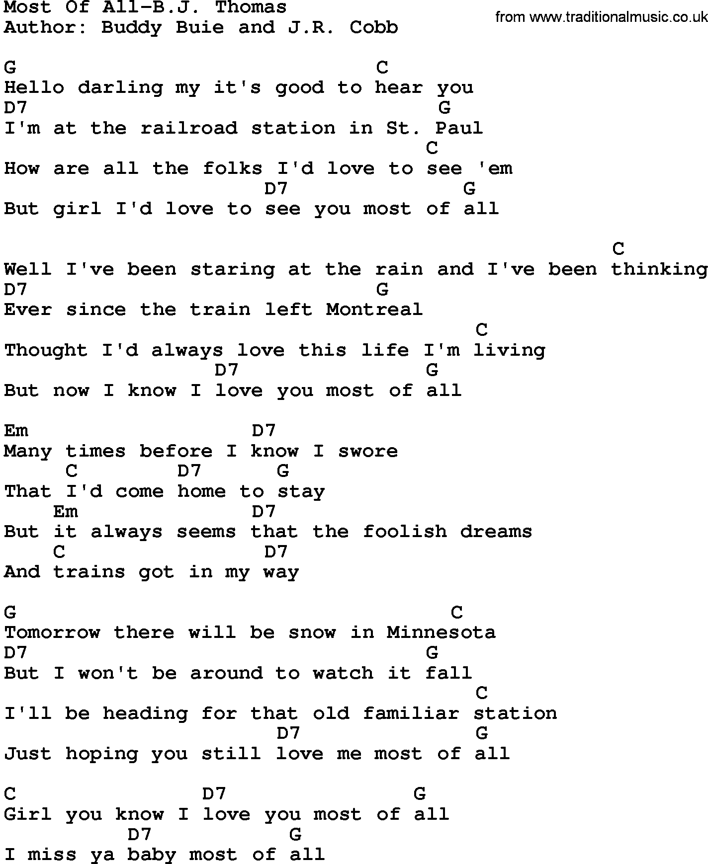 Country music song: Most Of All-Bj Thomas lyrics and chords