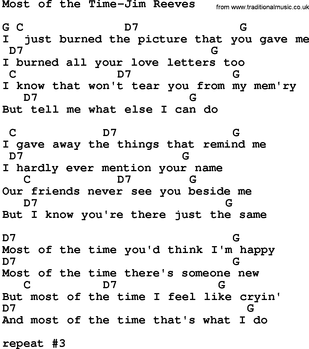 Country music song: Most Of The Time-Jim Reeves lyrics and chords