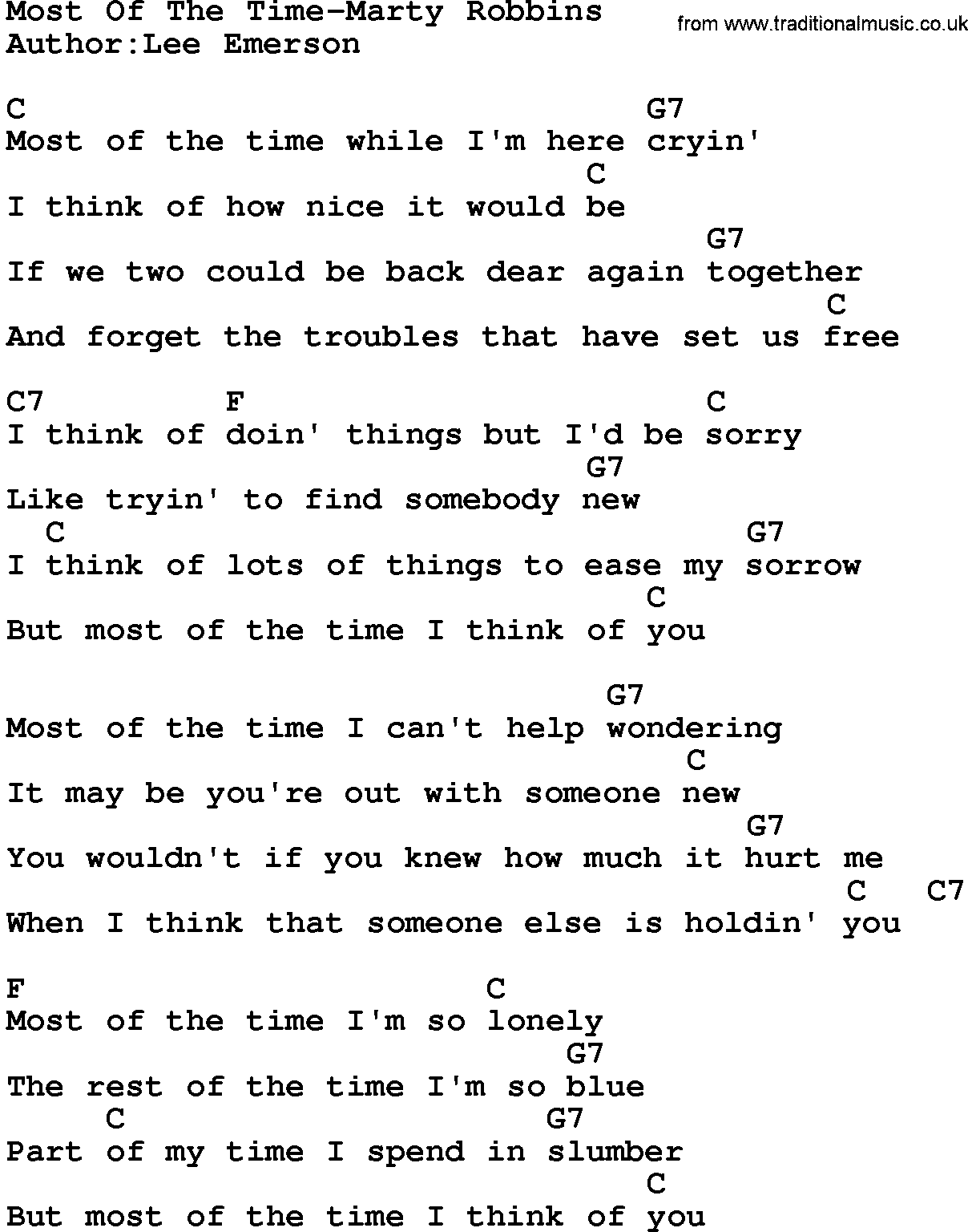 Country music song: Most Of The Time-Marty Robbins lyrics and chords