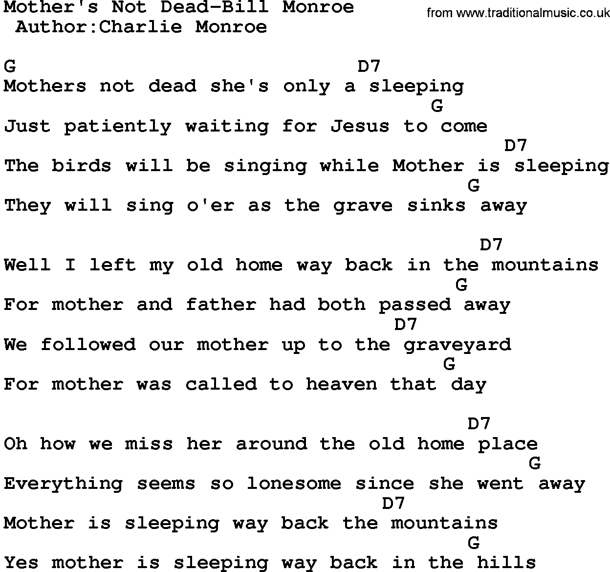 Country music song: Mother's Not Dead-Bill Monroe lyrics and chords