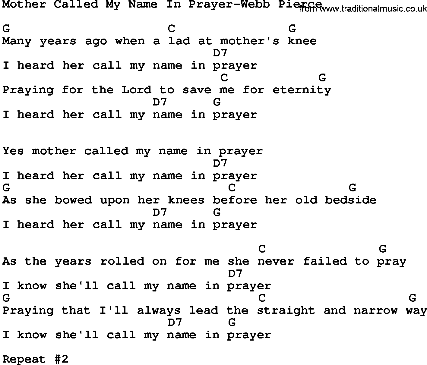 Country music song: Mother Called My Name In Prayer-Webb Pierce lyrics and chords