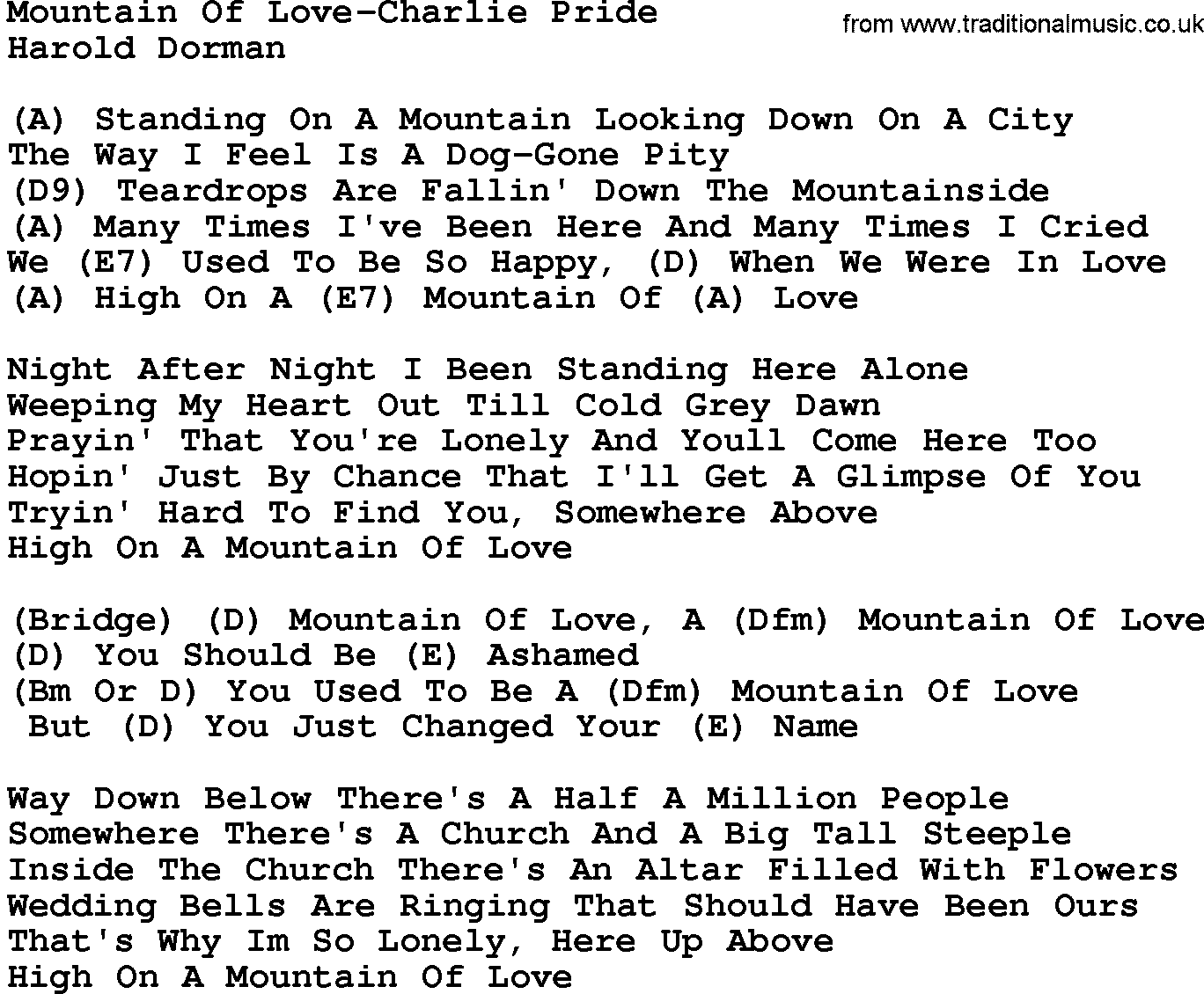 Country music song: Mountain Of Love-Charlie Pride lyrics and chords