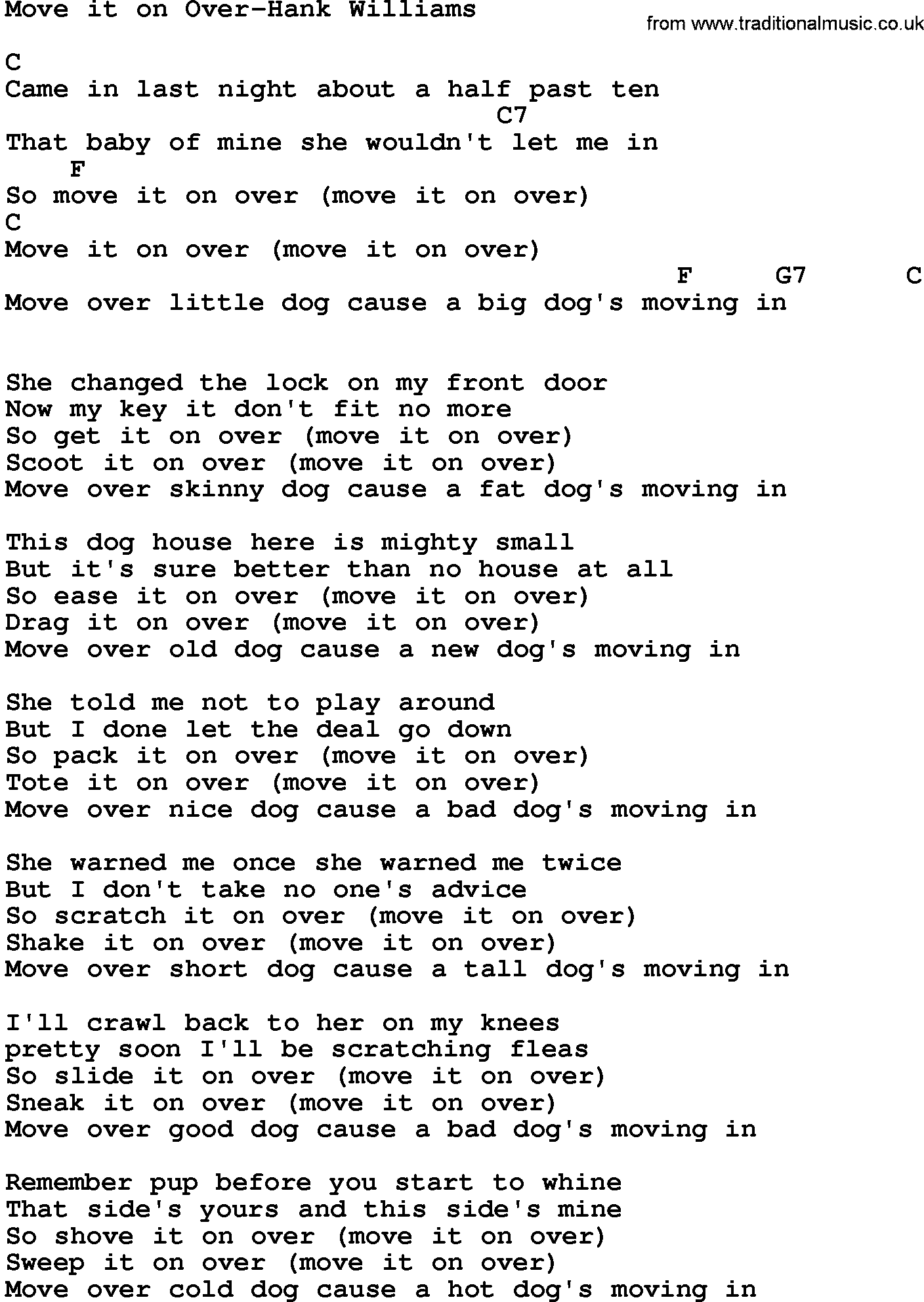 Country music song: Move It On Over-Hank Williams lyrics and chords