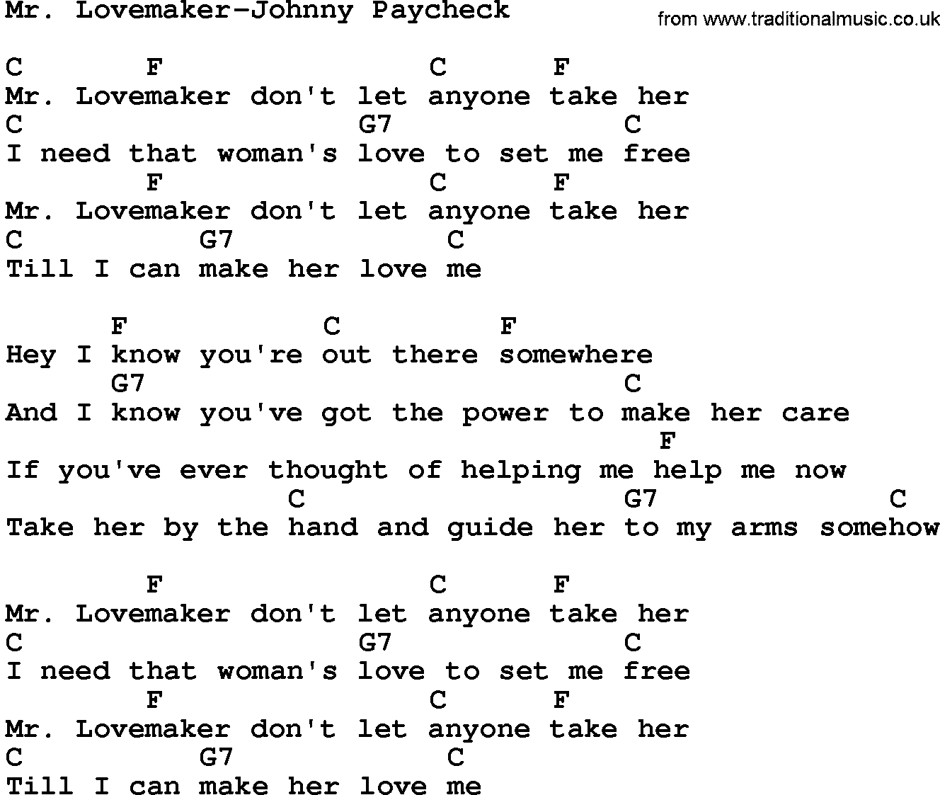 Country music song: Mr Lovemaker-Johnny Paycheck lyrics and chords