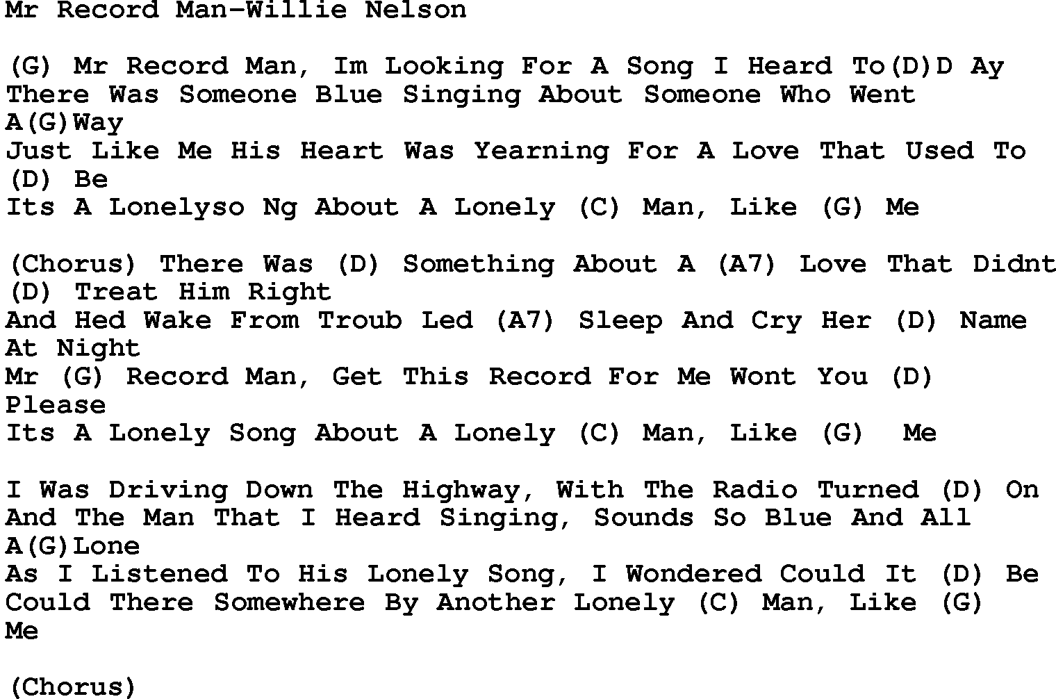 Country music song: Mr Record Man-Willie Nelson lyrics and chords
