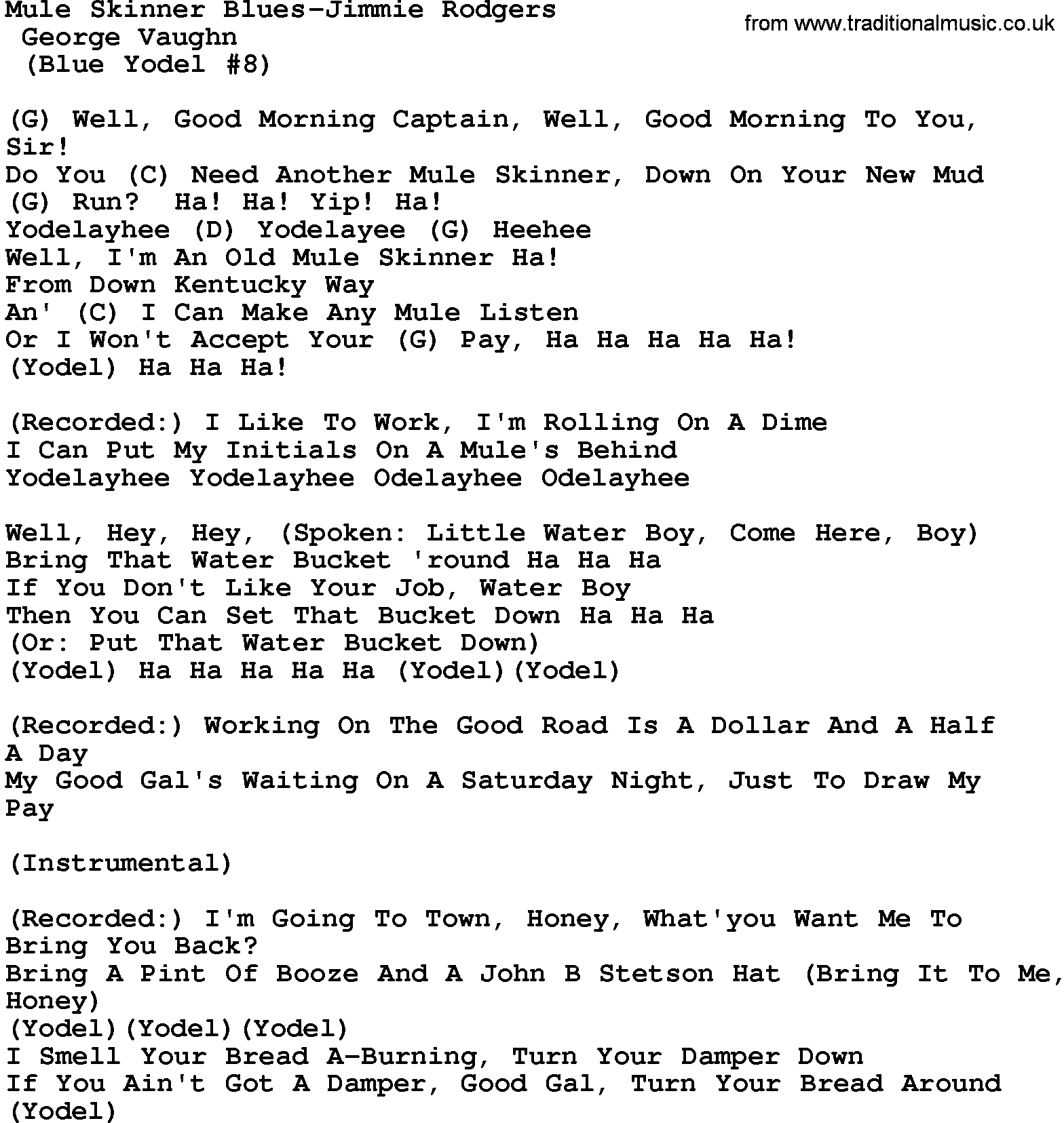 Country music song: Mule Skinner Blues-Jimmie Rodgers lyrics and chords