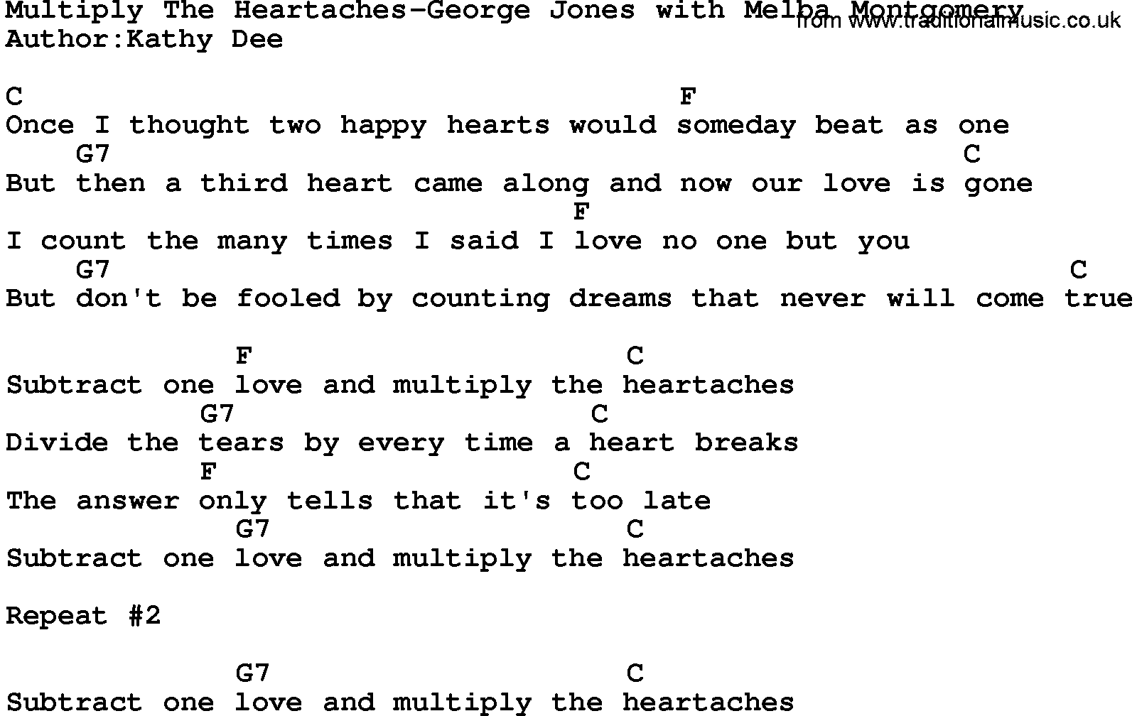 Country music song: Multiply The Heartaches-George Jones With Melba Montgomery lyrics and chords
