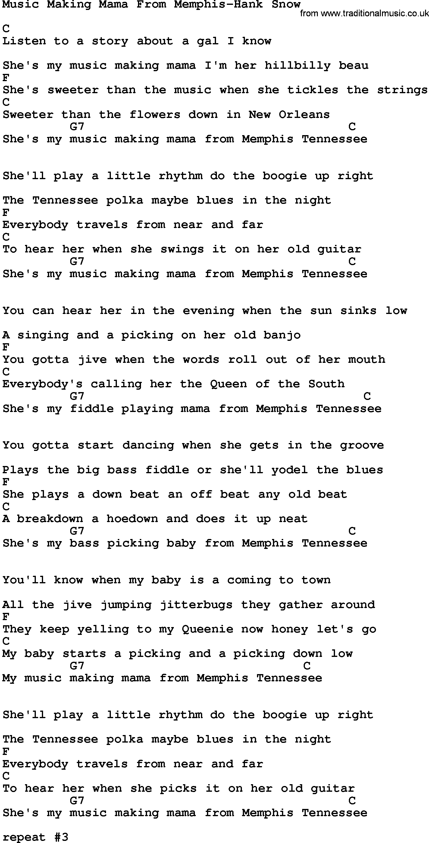 Country music song: Music Making Mama From Memphis-Hank Snow lyrics and chords