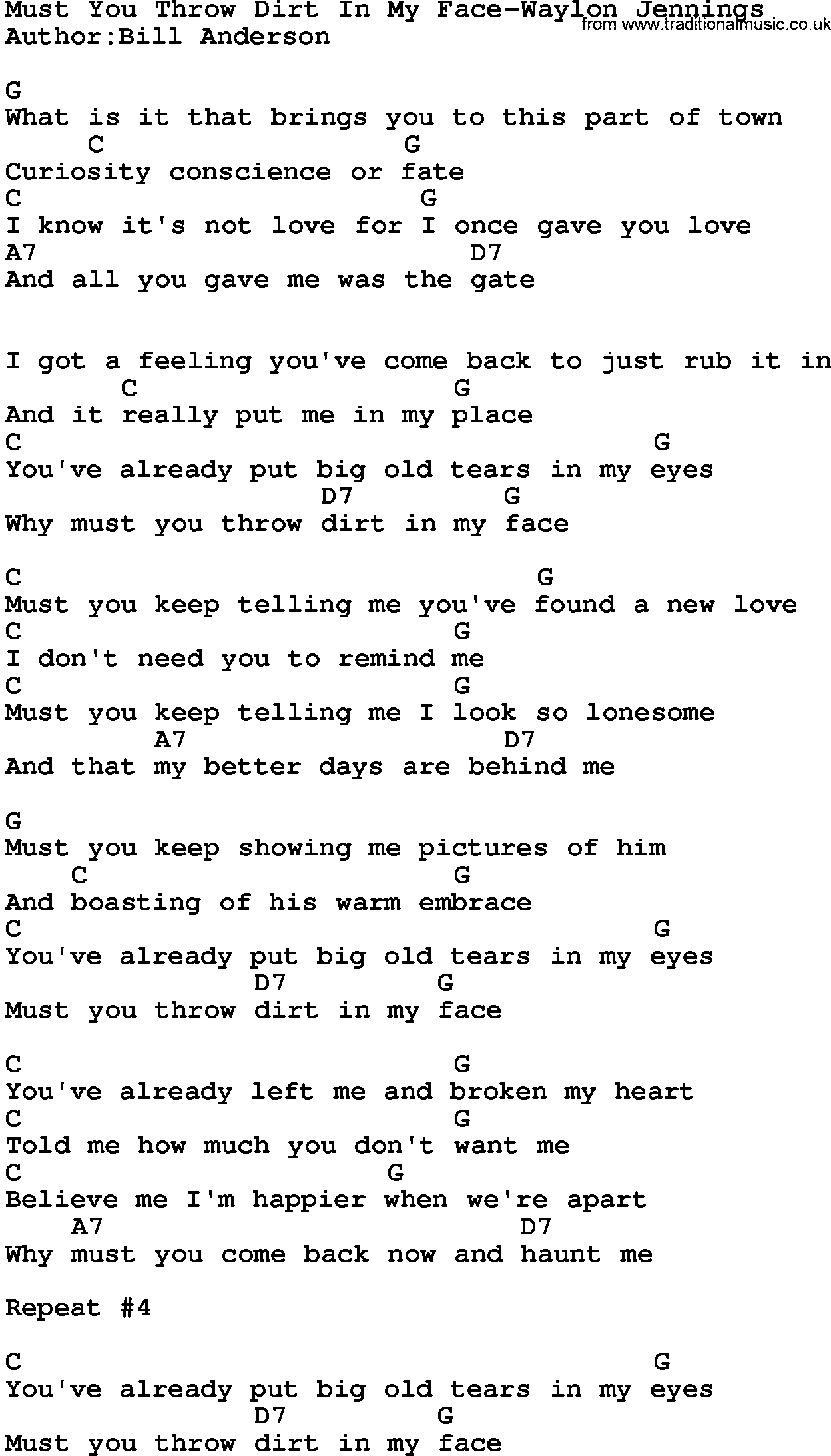Country music song: Must You Throw Dirt In My Face-Waylon Jennings lyrics and chords