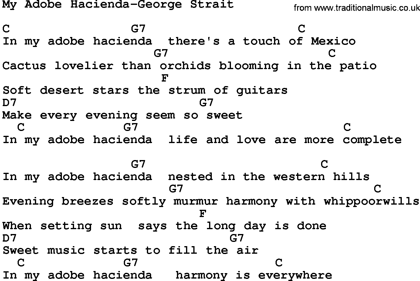 Country music song: My Adobe Hacienda-George Strait lyrics and chords