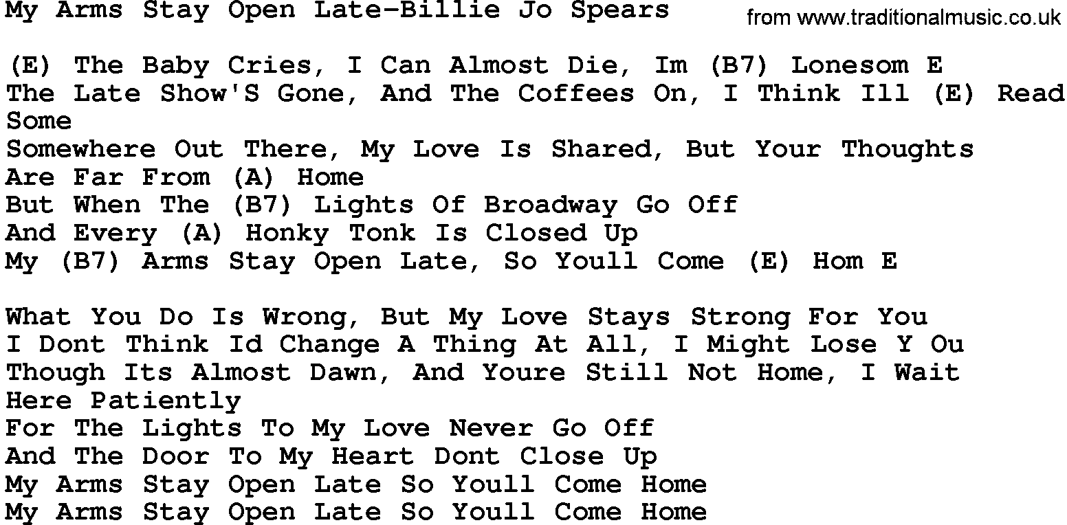 Country music song: My Arms Stay Open Late-Billie Jo Spears lyrics and chords